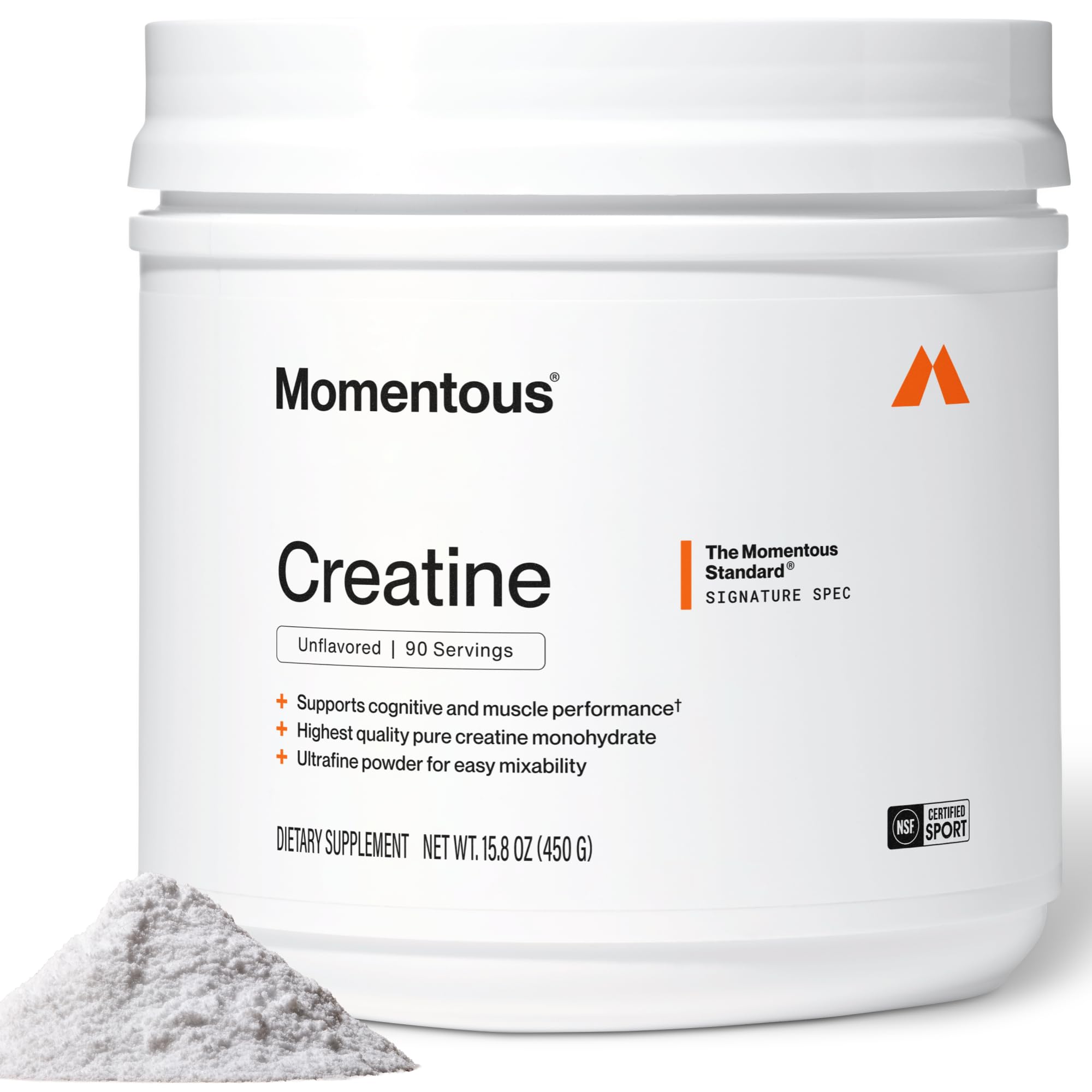 Momentous Creatine Monohydrate Powder, 5g per Serving, Unflavored | Supports Lean Muscle, Strength, Recovery, & Cognitive Function, NSF Certified for Sport, Non-GMO & Gluten-Free (90 Servings)