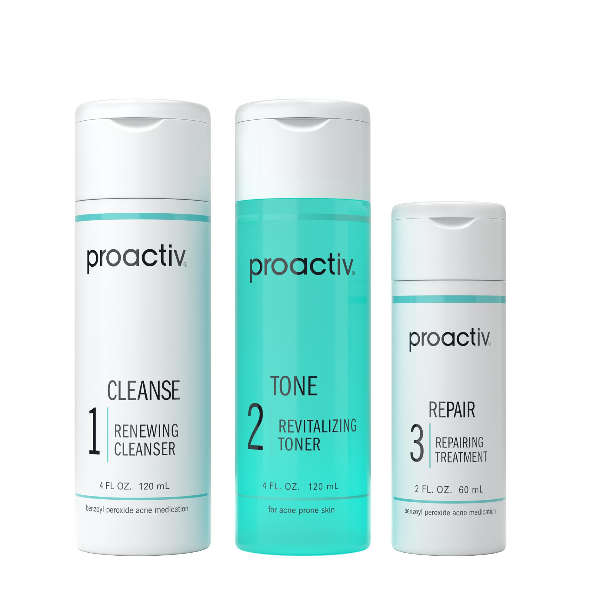 Proactiv 3 Step Acne Treatment - Benzoyl Peroxide Face Wash, Repairing Acne Spot Treatment for Face and Body, Exfoliating Toner - 30 Day Complete Acne Skin Care Kit