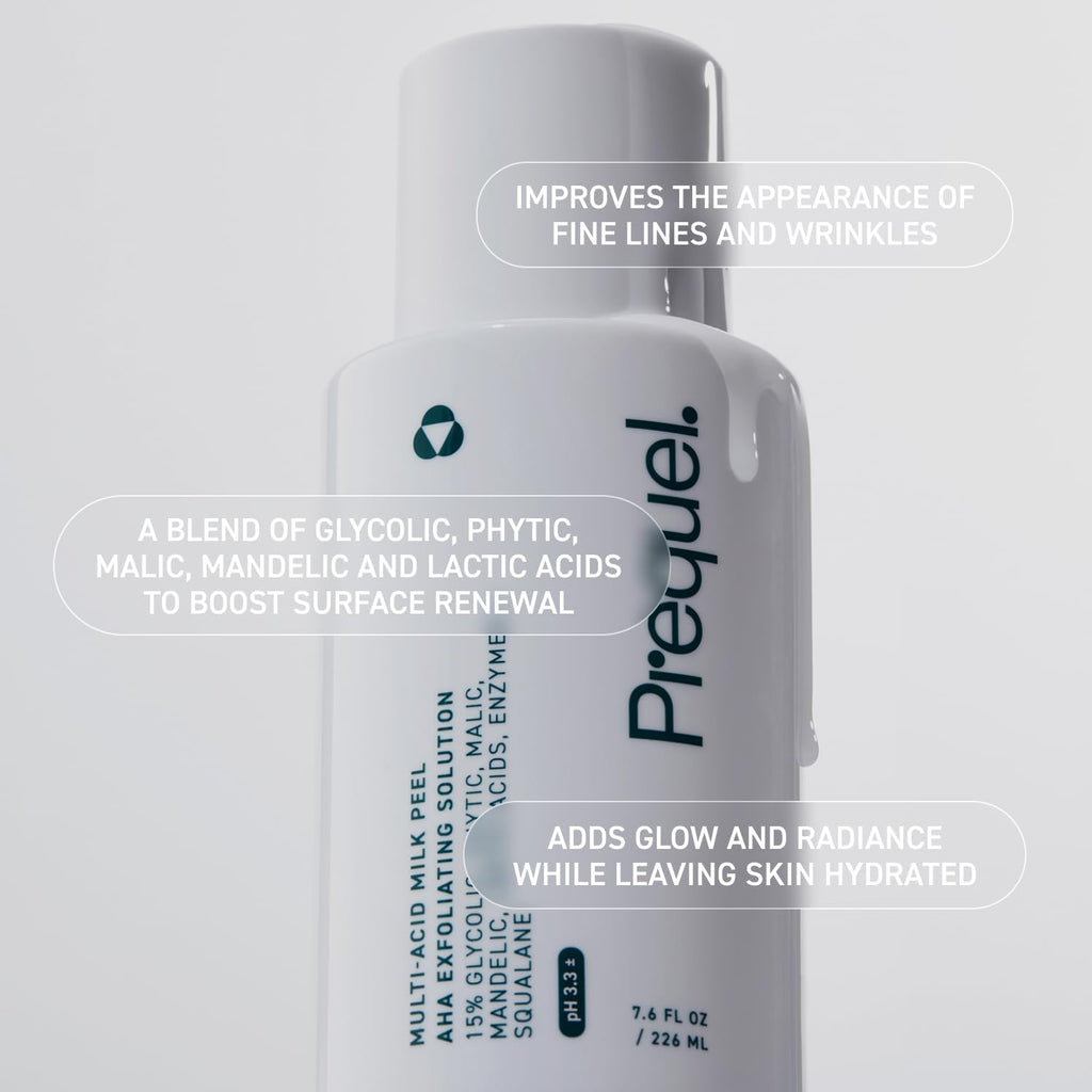 Prequel Skin Multi Acid Milk Peel - Glycolic Lactic AHA Exfoliant 7.6oz | Face Peel, Glycolic Acid, Lactic Acid for Face, AHA Peel with Enzymes, Hydrating Liquid Exfoliant for Sensitive Skin Texture