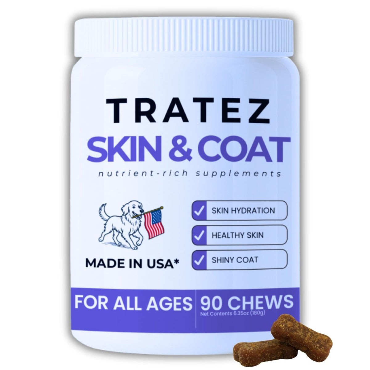 Skin & Coat Supplement for Dogs - Omega 3 6 9 Fish Oil & Vitamin E Soft Chews - Dog Itch Relief, Anti-Shedding & Shiny Coat Support for All Breeds, 90 Count