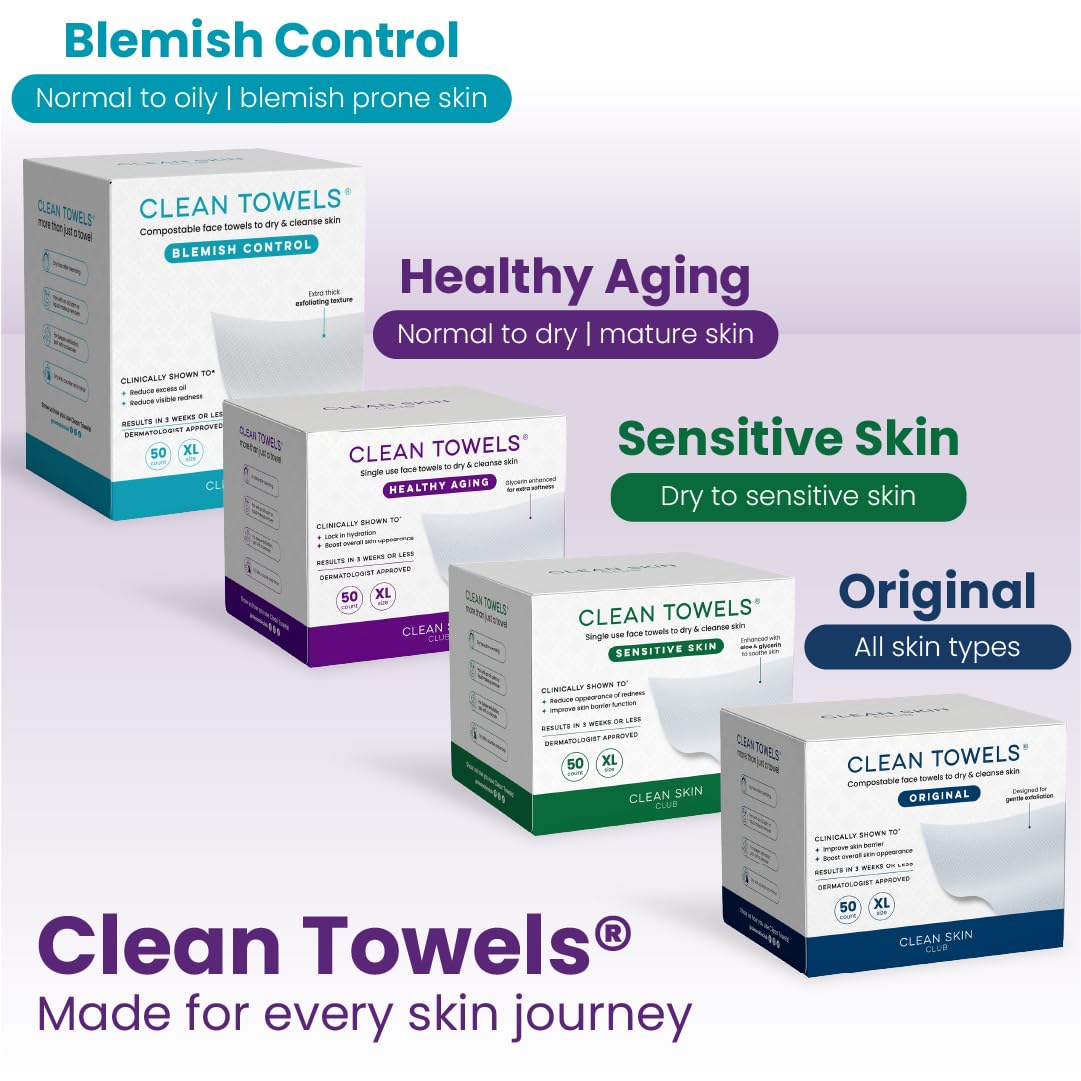 Reduces Fine Lines and Wrinkles in 6 weeks or Less, CLEAN SKIN CLUB Healthy Aging Clean Towels® XL, Disposable Face Towels, XL - 1 Pack (50 count)