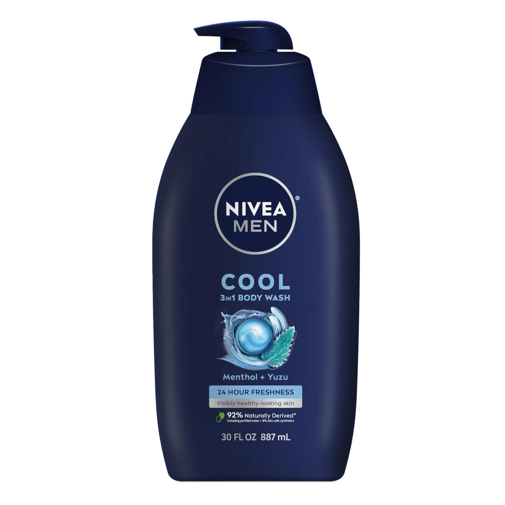 Buy now NIVEA MEN Cool Body Wash, Icy Menthol and Yuzu Scent, 3-in-1 Men's Body Wash, Face and Hair, Paraben Free, pH-Skin Friendly, 16.9 Fl Oz Bottle, Pack of 3 at indiglob india