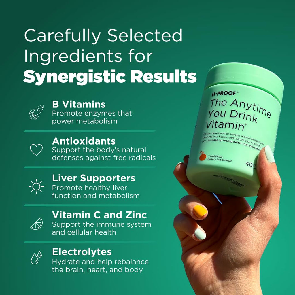H-PROOF The Anytime You Drink Vitamin, Green Apple, 40 Chewable Tablets | 20 Servings, Supports Liver Health, Replenishes Electrolytes for Hydration, DHM, Milk Thistle, L-Glutathione, Vitamins B & C