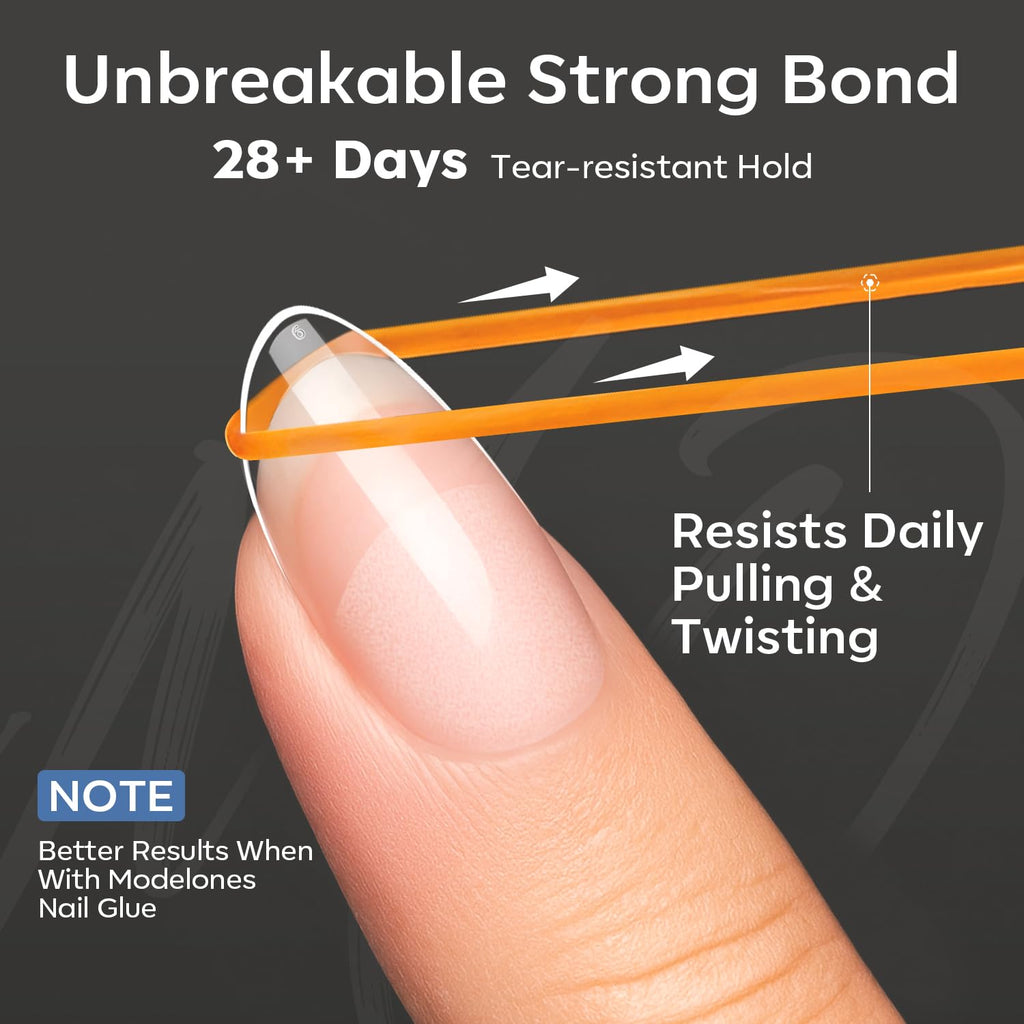 Modelones Short Almond Nail Tips offer a strong, tear-resistant hold for 28+ days. Order online for fast delivery.