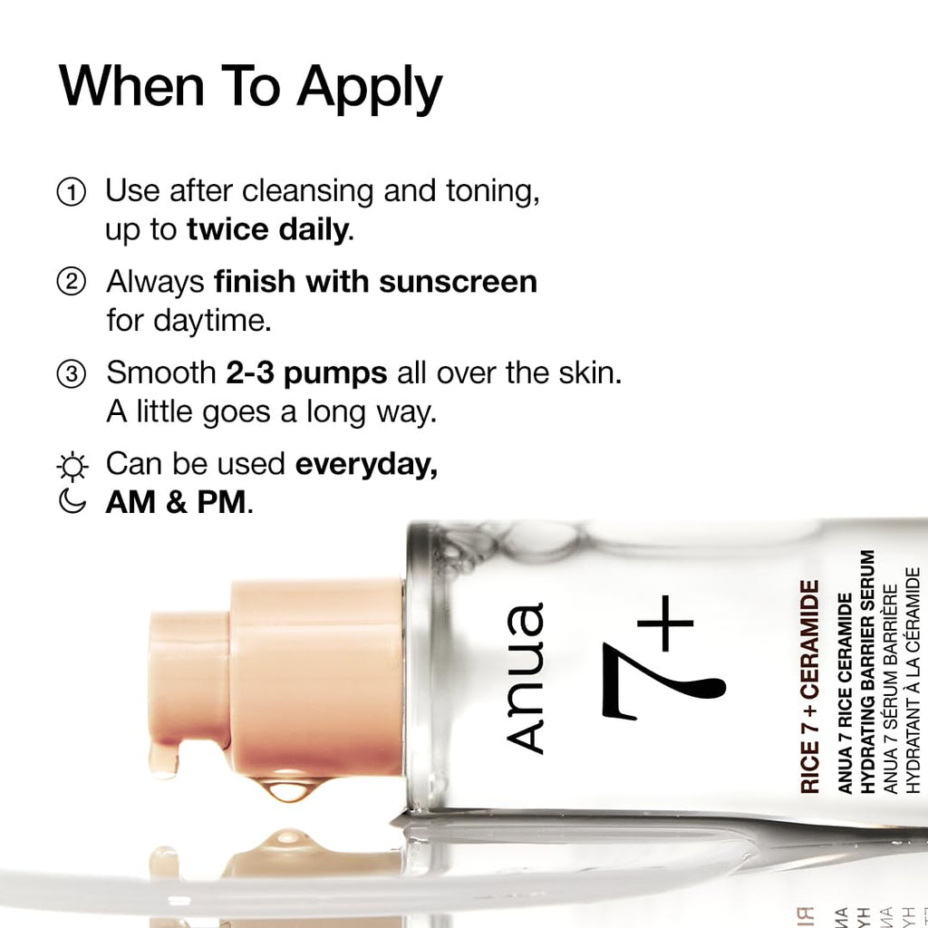 Anua Rice Ceramide 7 Hydrating Barrier Serum, 1.69 fl oz | Moisturizing Face Serum, Non-comedogenic, Hyaluronic Acid, Niacinamide, Lightweight, Fragrance Free, Sensitive Dry Skin