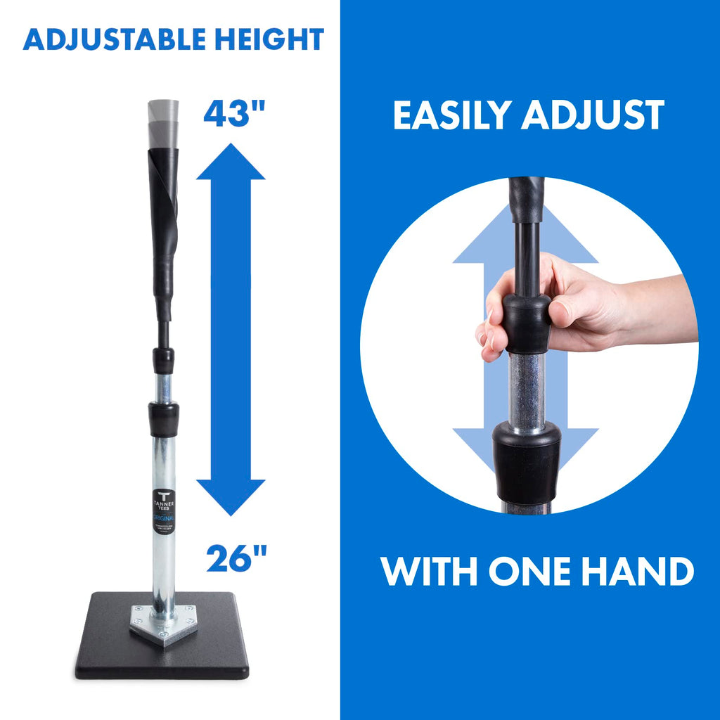 Tanner Tee The Original Batting Tee – Adjustable Pro Hitting Tee for Baseball & Softball, Steel Shaft, Composite Base, Hand-Rolled Rubber Top, 26"-43" Height