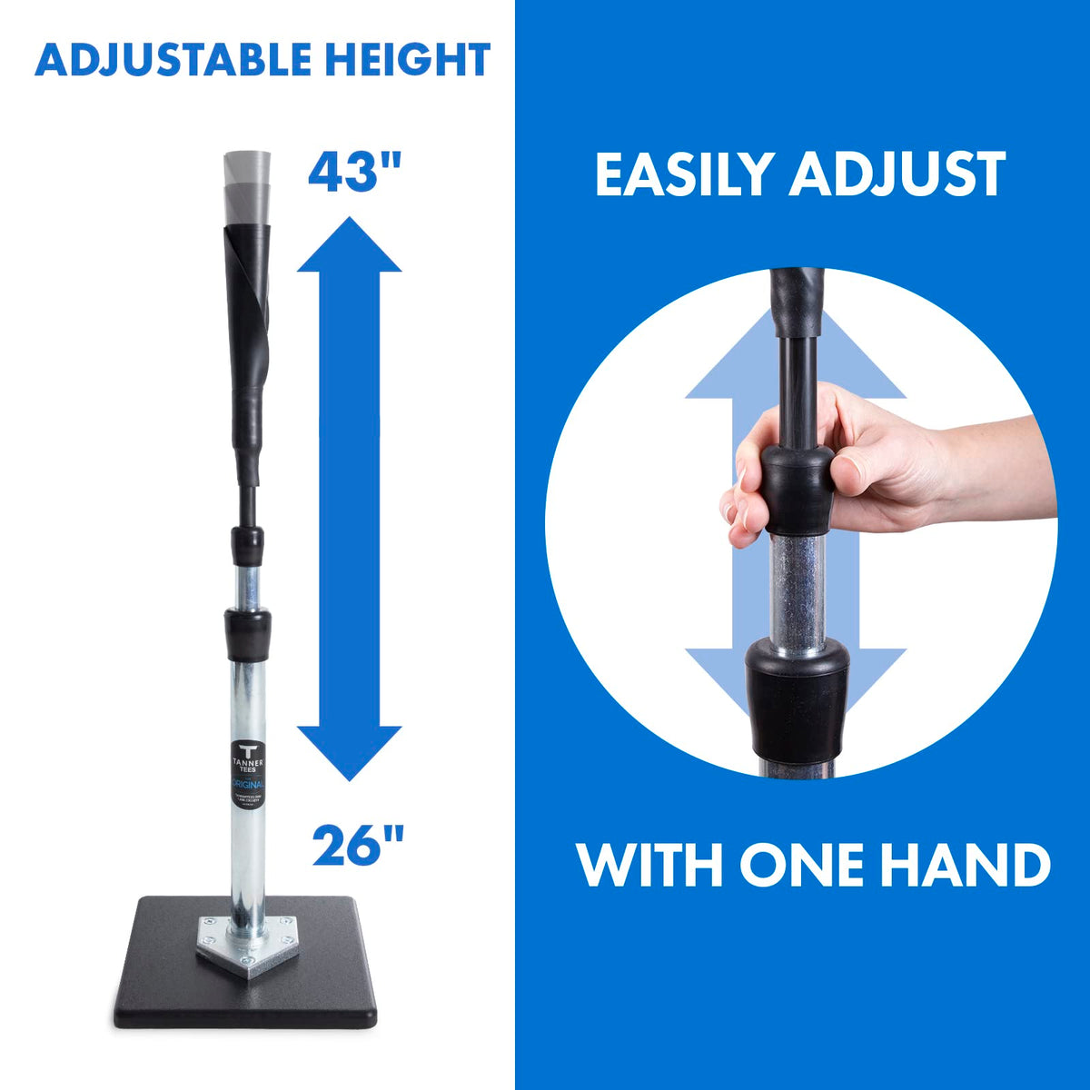 Tanner Tee The Original Batting Tee – Adjustable Pro Hitting Tee for Baseball & Softball, Steel Shaft, Composite Base, Hand-Rolled Rubber Top, 26"-43" Height