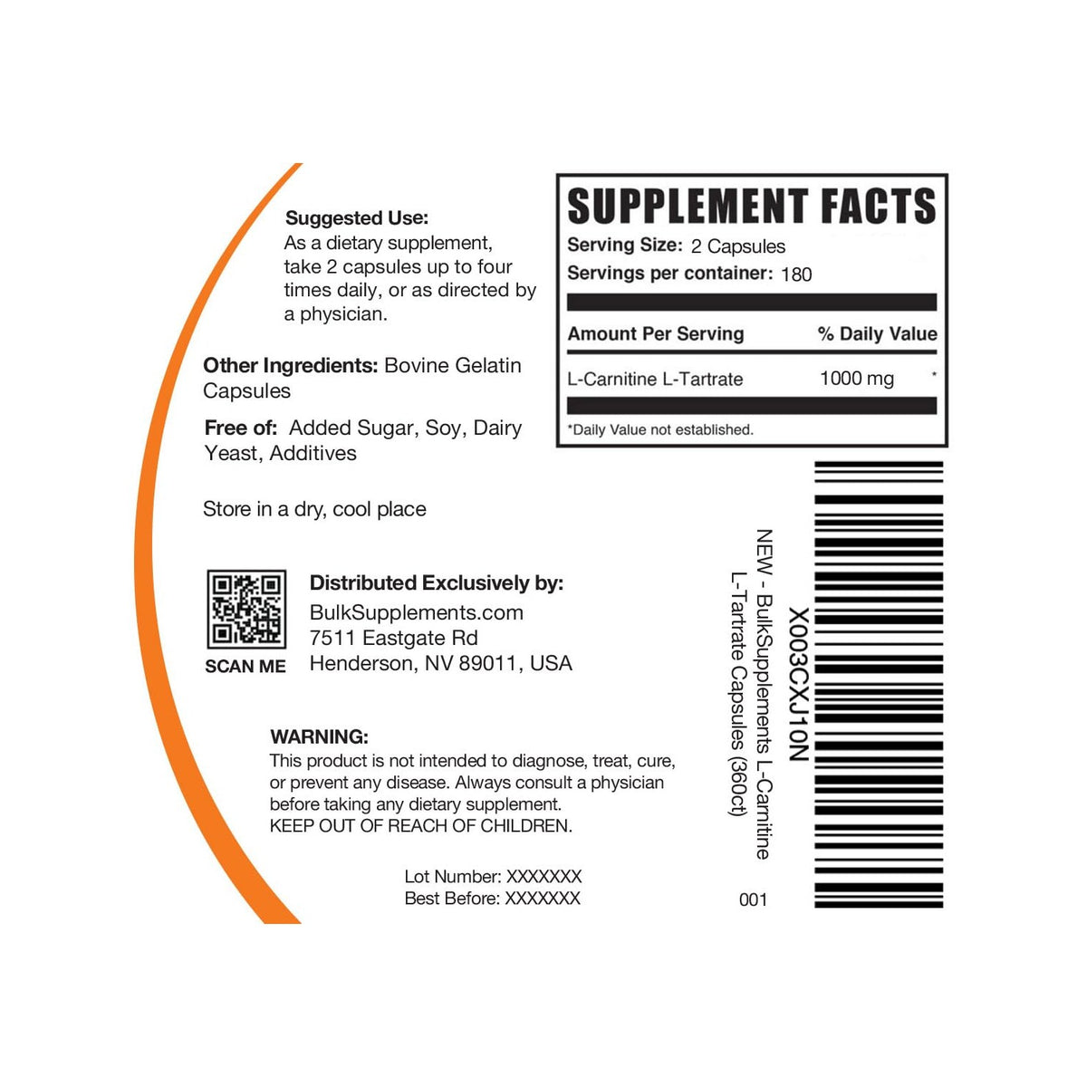 BulkSupplements.com L-Carnitine L-Tartrate Capsules - Carnitine Supplement, L Carnitine 1000mg Capsules - L-Carnitine Tartrate, Gluten Free - 2 Capsules per Serving, 360 Capsules (Pack of 1)
