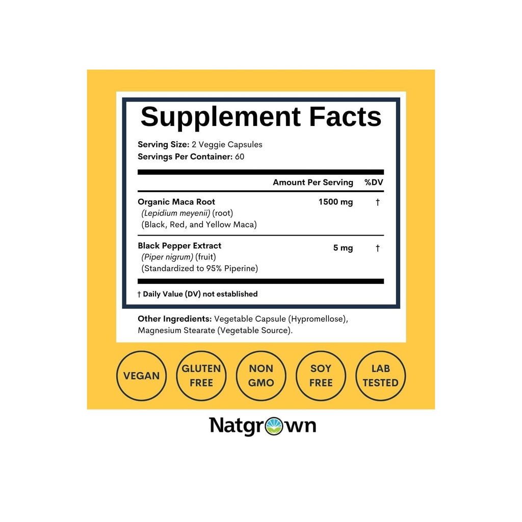 Natgrown Organic Maca Root Powder Capsules - Black, Red & Yellow - 120 ct | 1500 mg per Serving, Gelatinized Peruvian Maca Supplement for Men & Women - Non-GMO, Gluten-Free, Vegan