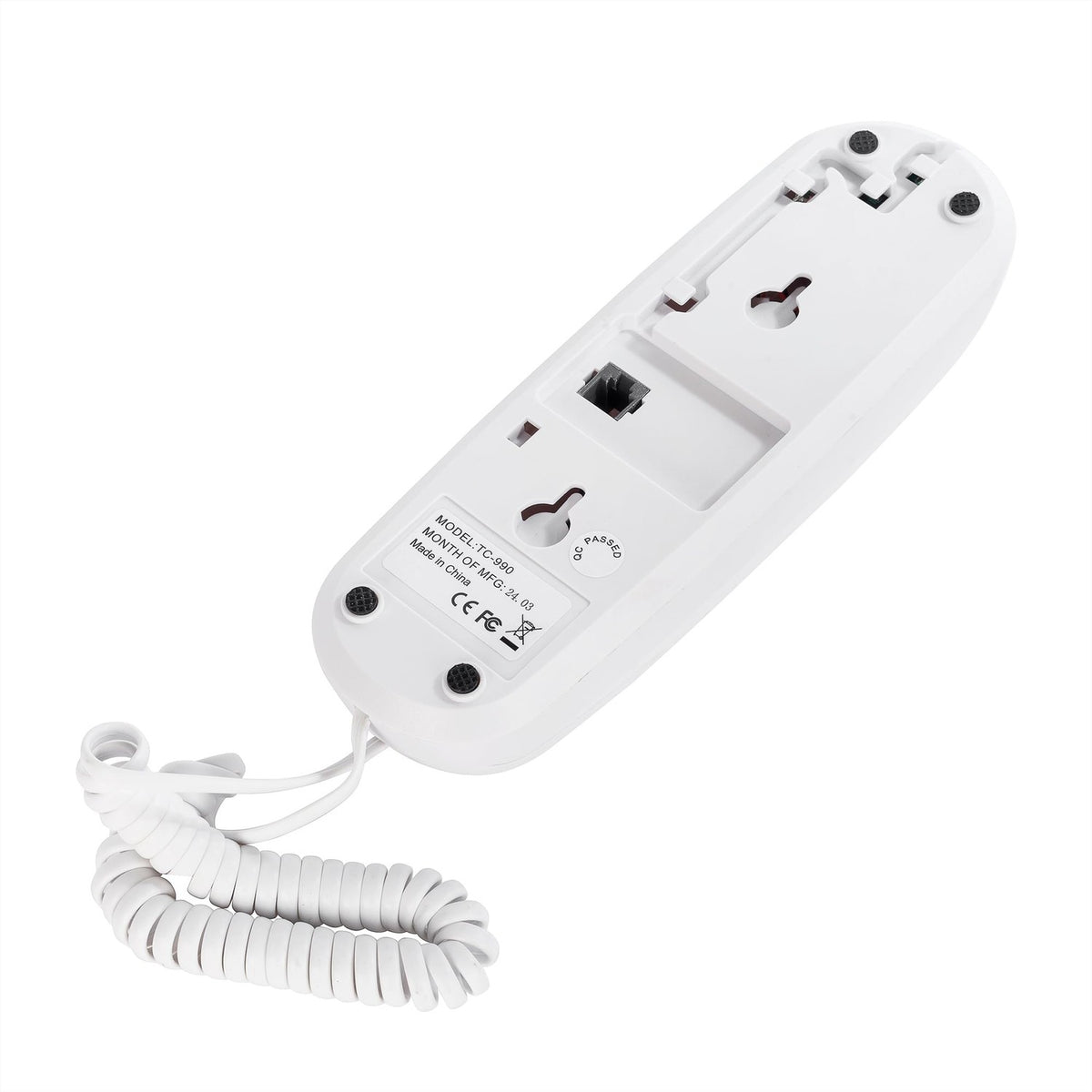 White OF-990 Slimline Wall-Mountable Basic Corded Telephone No AC Power Required