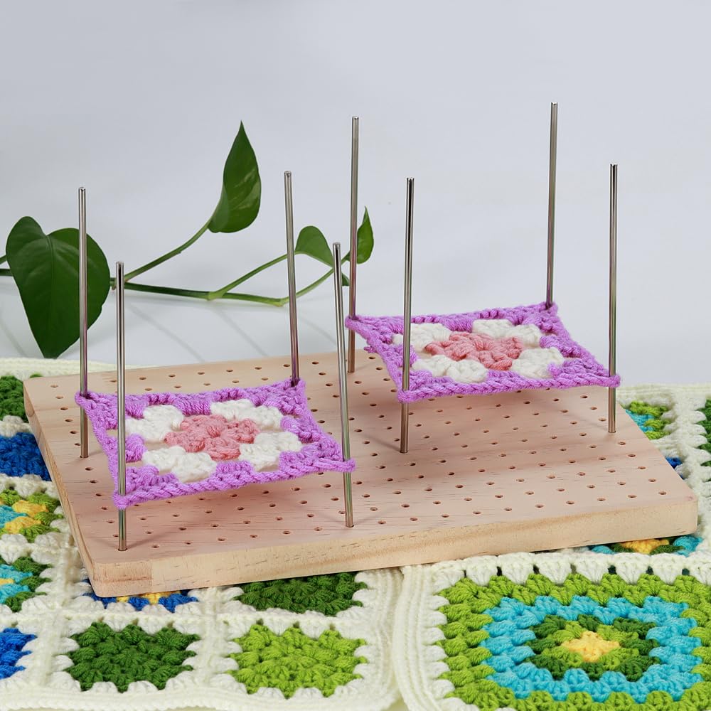 9.8 x7.7 inches Crochet Blocking Board with Pegs, Wooden Blocking Boards for Granny Square Projects, 20 Pcs Stainless Steel Rods