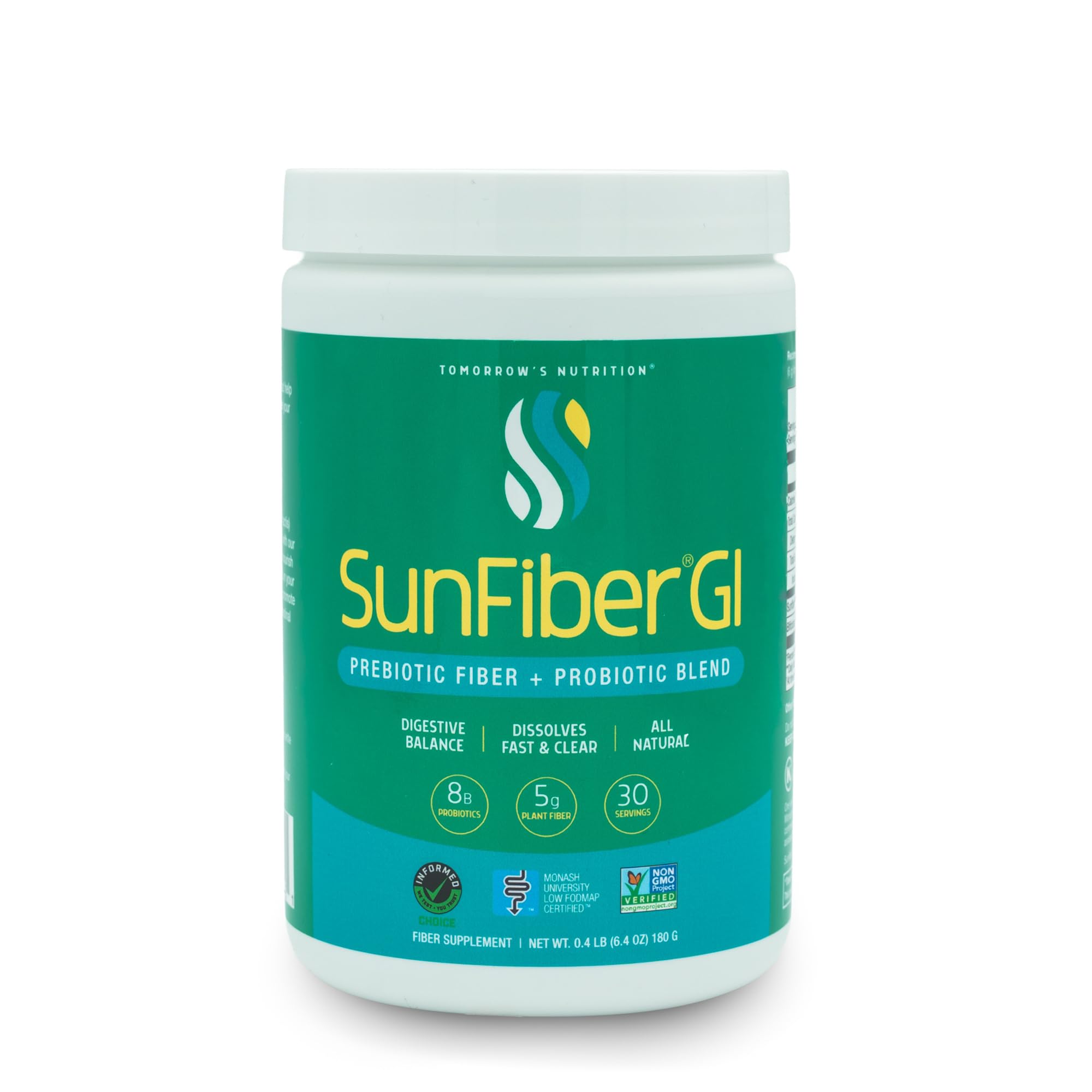 Tomorrow's Nutrition Sunfiber GI Prebiotic Fiber, 30-Day Supply | Features 5g per serving with 8 billion CFU, low FODMAP formula for daily dietary supplement and gut health support