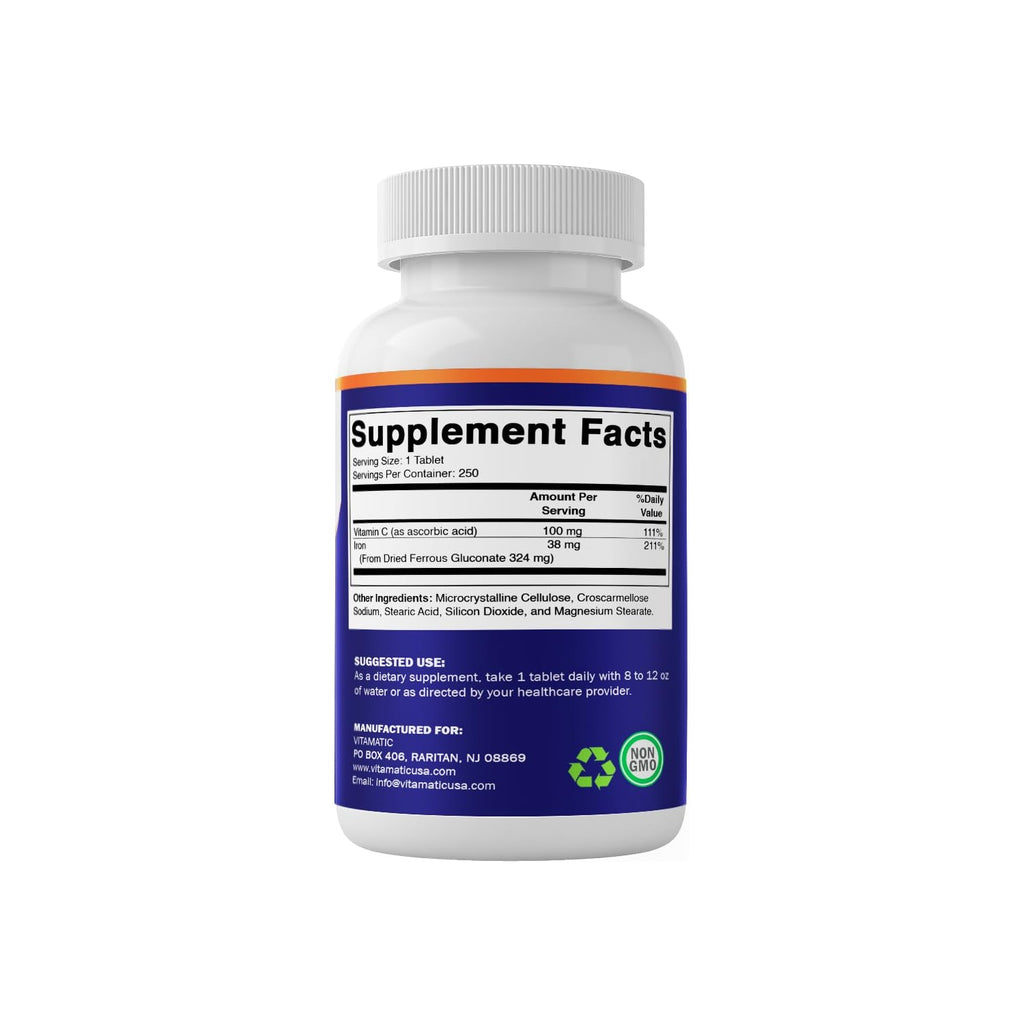 Vitamatic Ferrous Gluconate 324 mg + Vitamin C 100 mg - No Artificial Color Additives - Gentle on Stomach - 250 Tablets - Made in USA