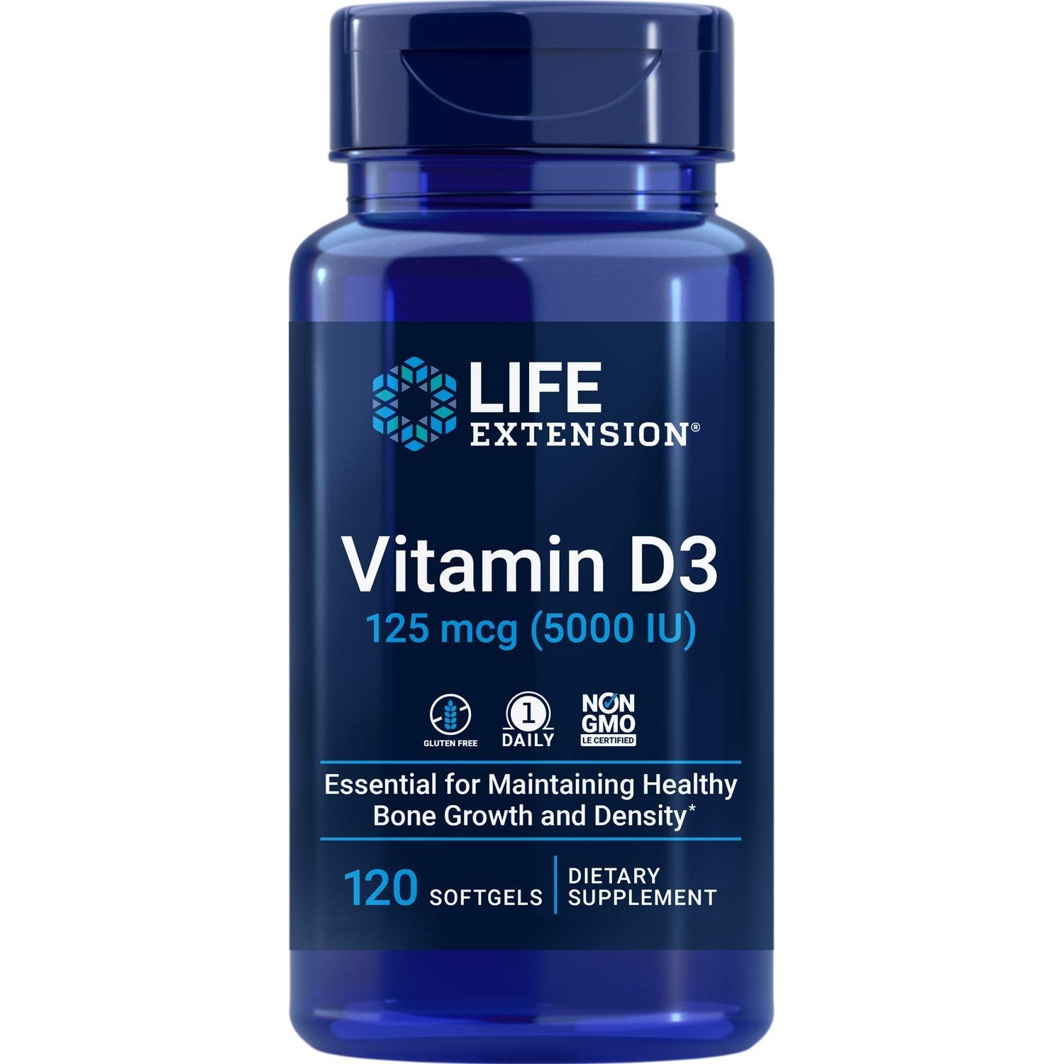 Life Extension Vitamin D3 5000 IU, 120 Softgels, 125mcg | 1 per day formula, Non-GMO and Gluten Free