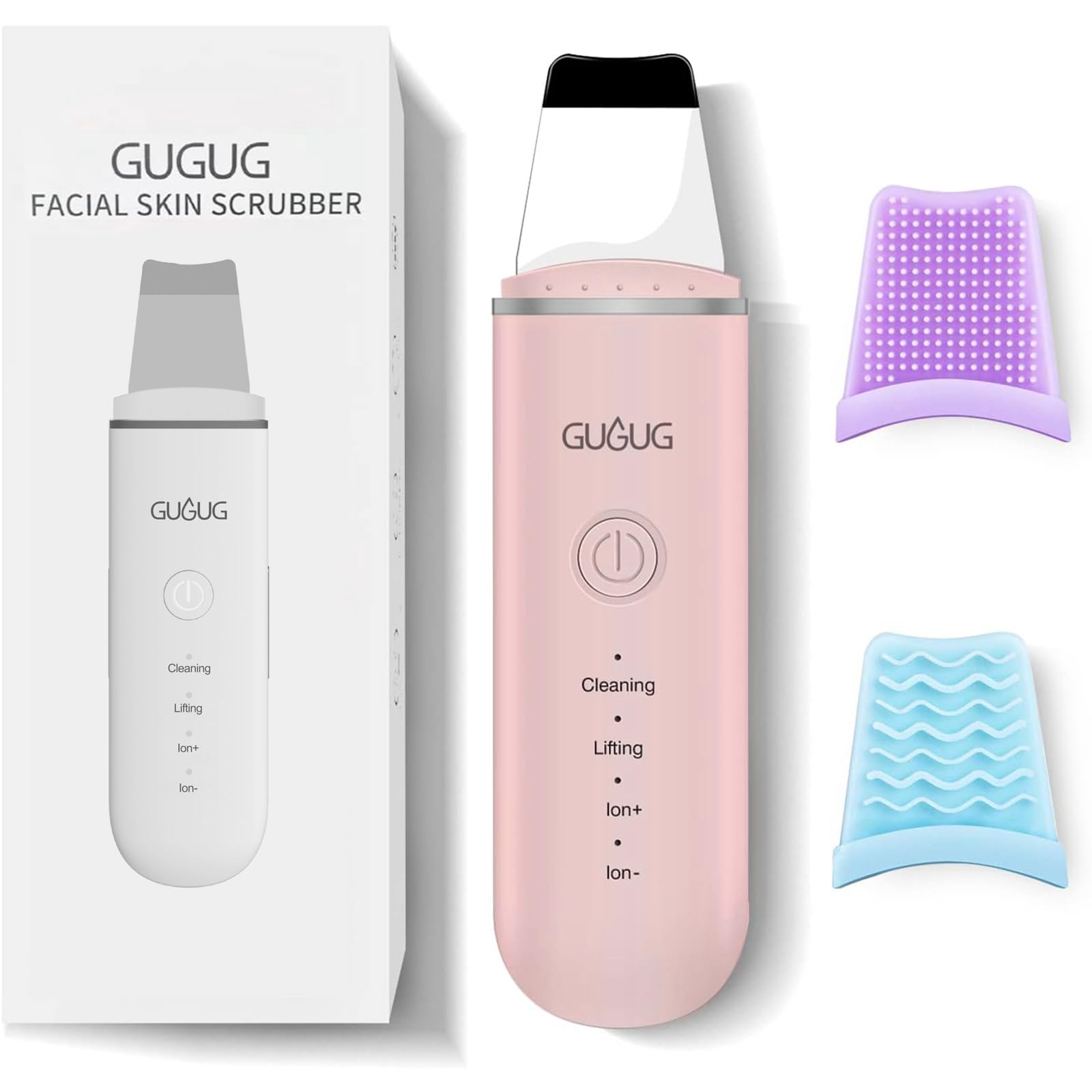 GUGUG Waterproof Skin Scrubber 4-in-1 Facial Spatula Pore Cleaner for Face | Blackhead remover with 4 modes,rounded stainless steel head,10-minute auto-off,Type-C charging and 2 silicone attachments.