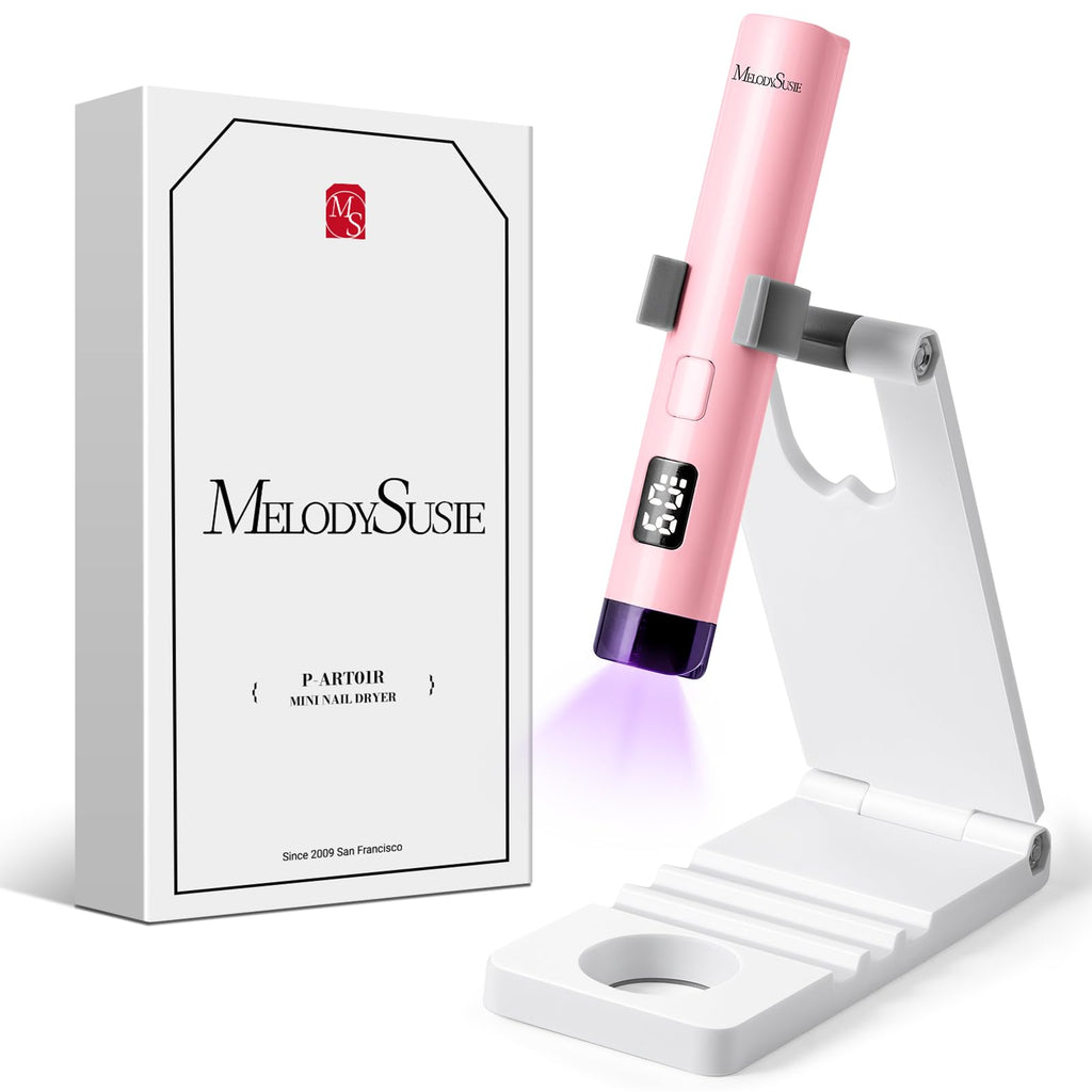 MelodySusie Handheld UV Light for Gel Nails P-ART01R with Stand, Hands-Free | Mini Portable Cordless Nail Lamp with LCD Display, Eye-Protective Cover, Flash Curing Glue, 450mAh Battery