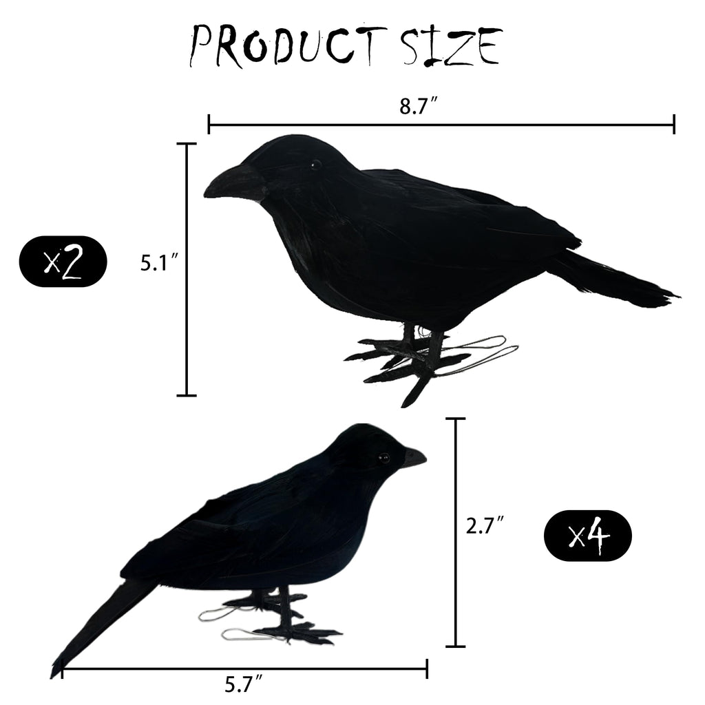 NEROSUN 6 Pack Halloween Black Feathered Crows, 5.7" & 8.7" Realistic Feathered Black Birds Raven, Halloween Decoration for Indoor Outdoor Home Yard Garden Party Decor