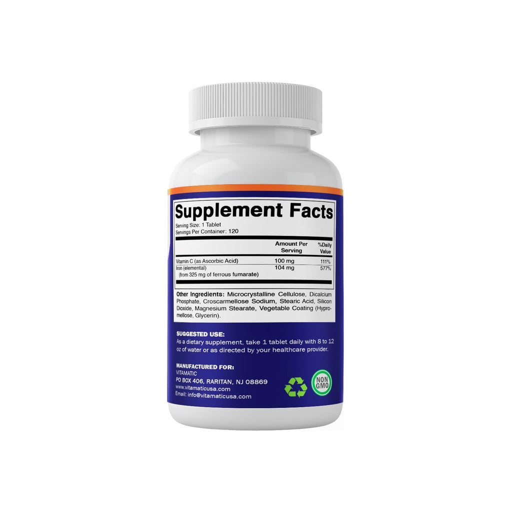 Vitamatic Ferrous Fumarate 325 mg + Vitamin C 100 mg (104 mg Elemental Iron) – High Potency Iron Supplement – Gentle on Stomach, 120 Coated Tablets, Made in USA