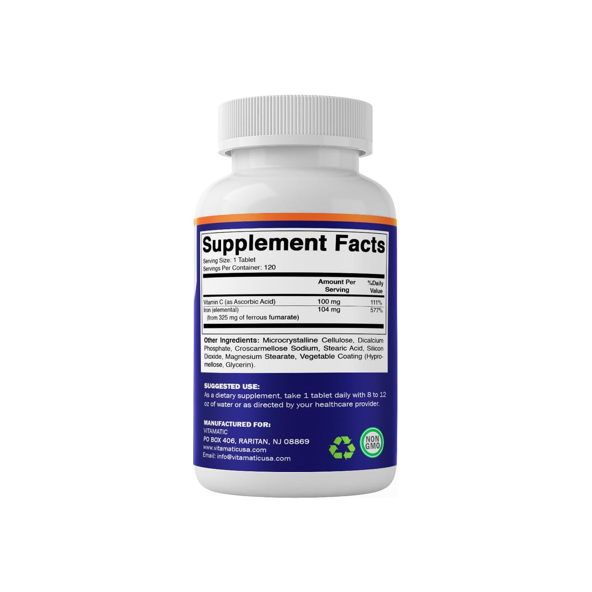Vitamatic Ferrous Fumarate 325 mg + Vitamin C 100 mg (104 mg Elemental Iron) – High Potency Iron Supplement – Gentle on Stomach, 120 Coated Tablets, Made in USA