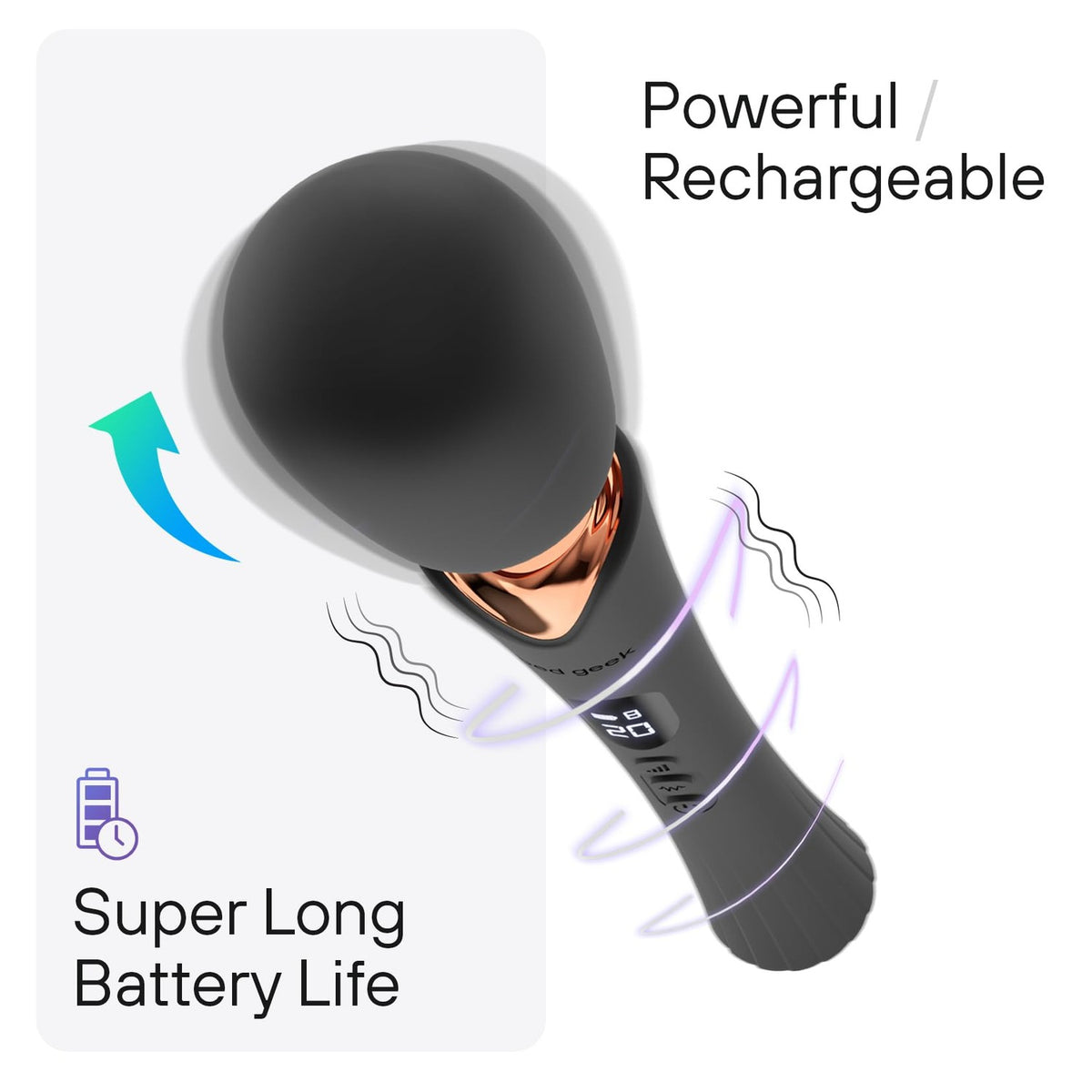 bed geek Cordless Wand Massager – Super Powerful Handheld Massage with 20 Speeds & 8 Patterns, Soft Silicone Head, Quiet Motor, LED Display, Body-Safe & Waterproof Black & Rose Gold