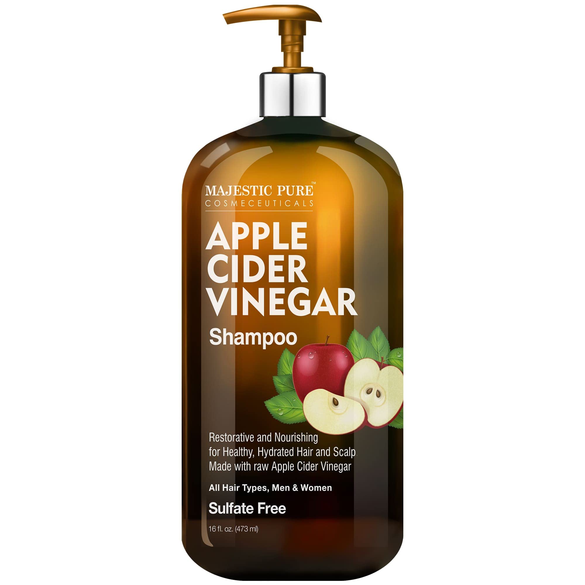 Majestic Pure Apple Cider Vinegar Shampoo, Sulfate Free - 16 Fl Oz | Ideal for daily hair cleansing, scalp care, frizz control, and maintaining soft, healthy-looking hair
