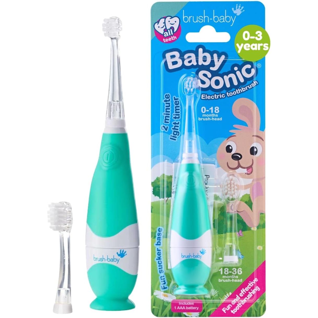 Buy now brush-baby BabySonic Infant and Toddler Electric Toothbrush for Ages 0-3 Years - Smart LED Timer and Gentle Vibration Provide a Fun Brushing Experience - Includes 2 Sensitive Brush Heads (Teal) at indiglob india