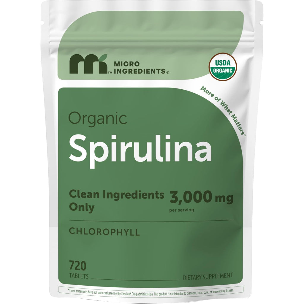 Micro Ingredients Organic Spirulina Supplement, 720 Tablets (4 Month Supply), No Filler & Non-GMO, Rich in Vegan Protein, Vitamins & Prebiotics, Premium Spirulina Pills