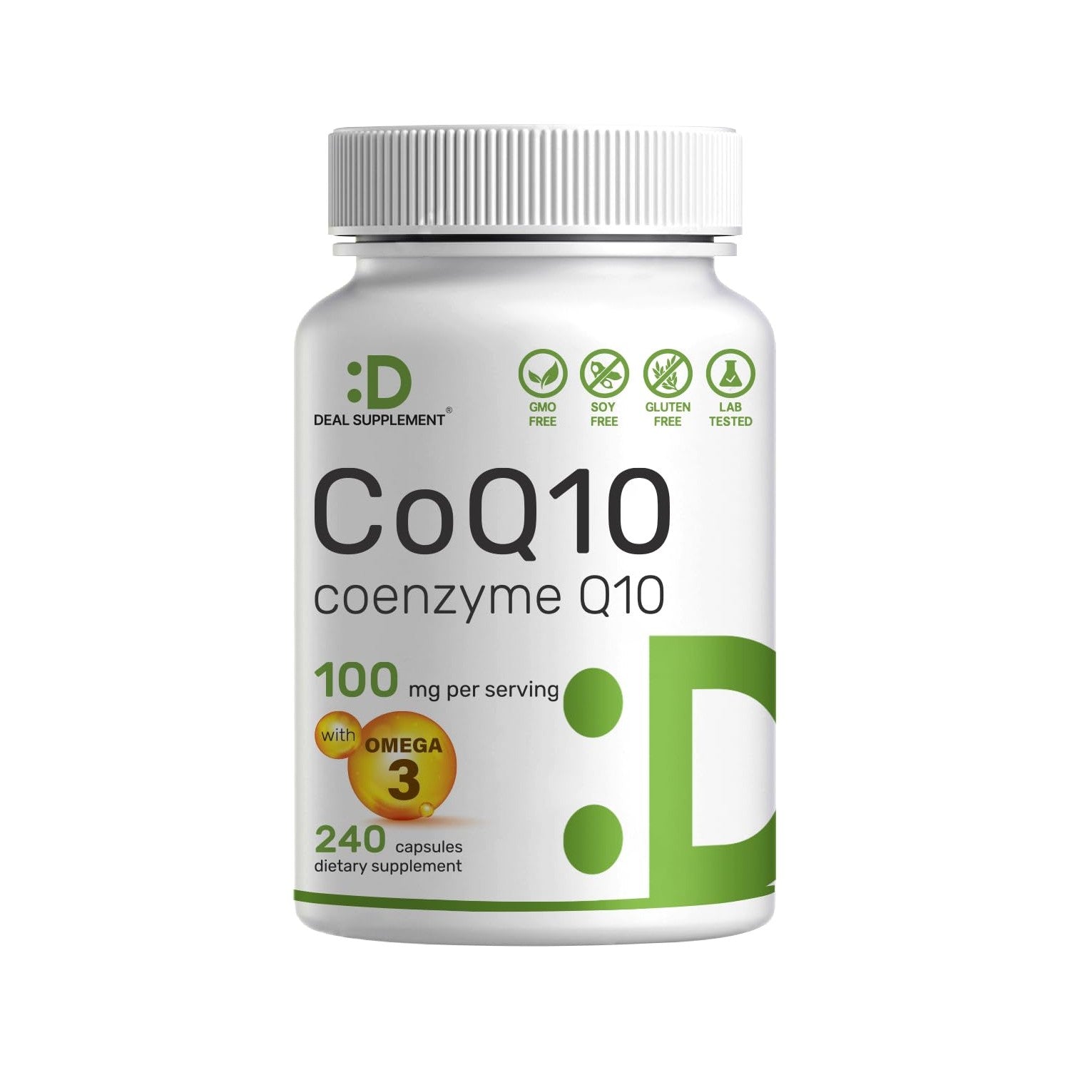 DEAL SUPPLEMENT CoQ10 100mg with Omega 3 100mg, 240 Capsules | Bioavailable Coenzyme Q10 Formula | Non-GMO