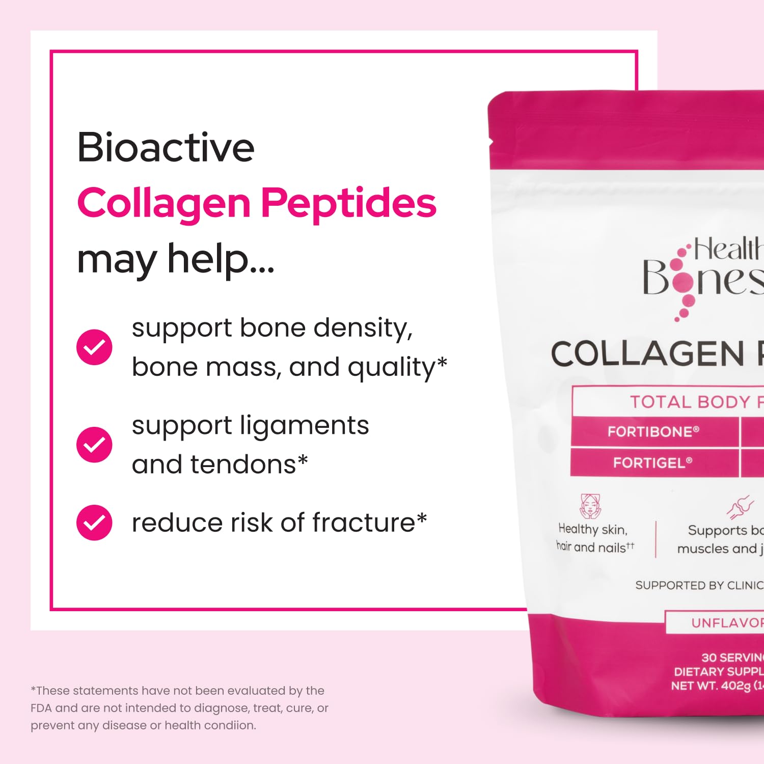 Collagen Peptides Powder, FORTIBONE®, FORTIGEL®, VERISOL®, Tendon Support | Premium Bone Health Collagen Peptides Supporting Bone, Joint, Skin, Hair And Nail, Anti Aging, Hydrolyzed Collagen, 90 Serv