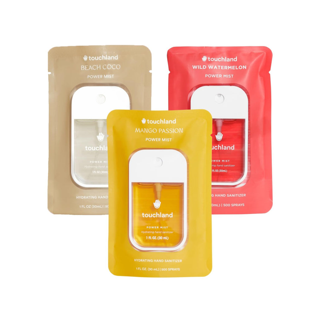 Buy now Touchland Hydrating Hand Sanitizer Spray, JUICY Trio Set (Watermelon, Peach, Berry), 1 FL. OZ. Travel Size Power Mist Sprays (Set of 3) at indiglob india