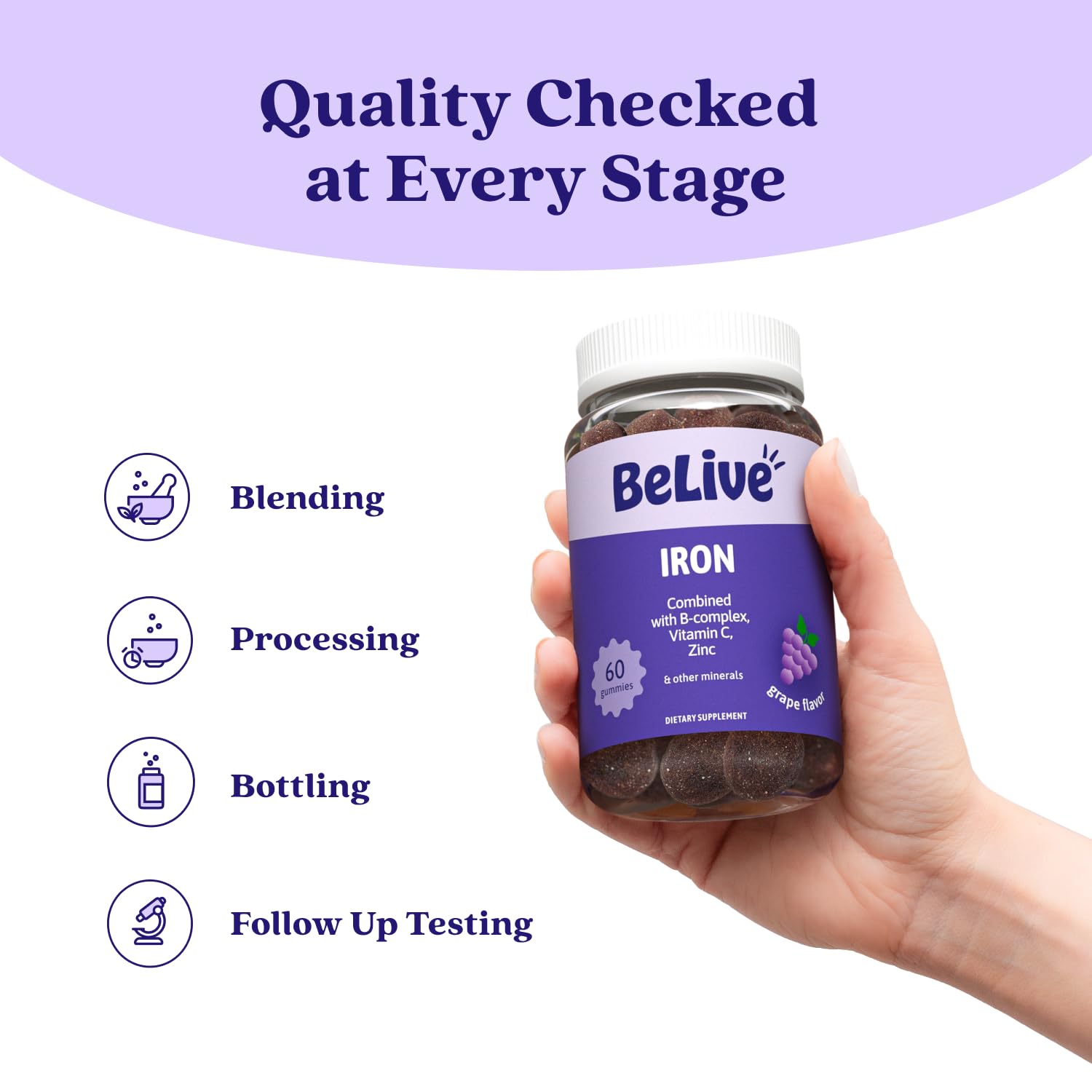BeLive Iron Gummies, Multivitamin Supplement, Blood Oxygen Support, 120 Ct | With Vitamin C, B Complex, Folate, and Zinc for Women, Men & Kids for Growth and Development, Grape Flavor