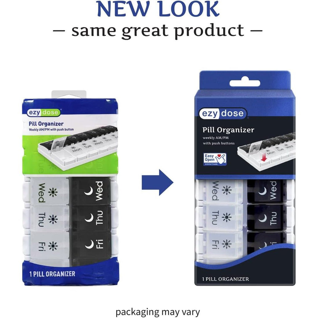 Buy now EZY DOSE Push Button (7-Day) Pill Case, Medicine Planner, Vitamin Organizer, 2 Times a Day AM/PM, Removable Trays, Large Compartments, Arthritis Friendly, Spring Open Black and White Lids, BPA Free at indiglob india