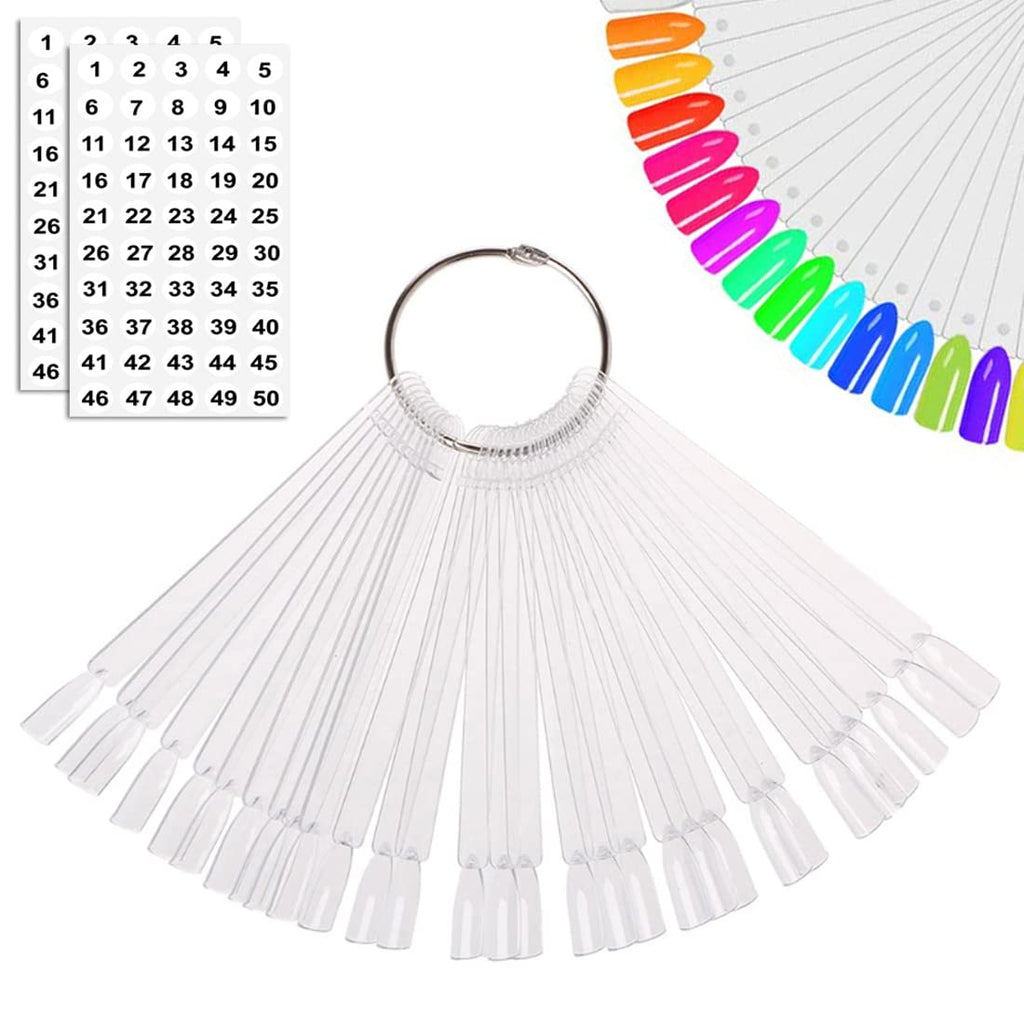 50Pcs Nail Swatch Sticks, Nail Polish Practice Display Tips, Clear | Nail Art Sample Sticks, Color Display Polish Board, Fan Shape with Number Sticker and Hanging Ring