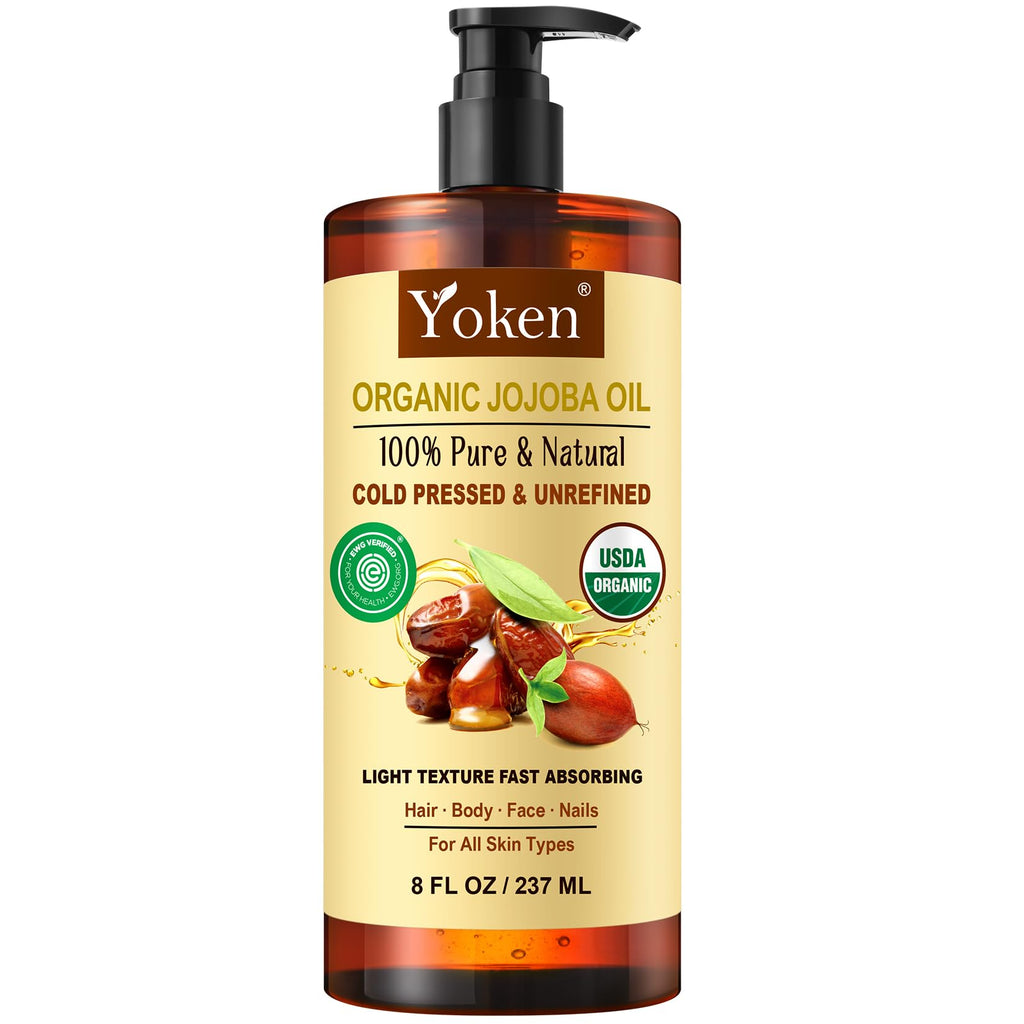 Yoken Organic Jojoba Oil 16oz, USDA Certified Cold Pressed for Skin Care | Cold Pressed Body Oil Women After Shower Unscented Carrier Massage Moisturizer Hydrating Nourishing Essential Mixing