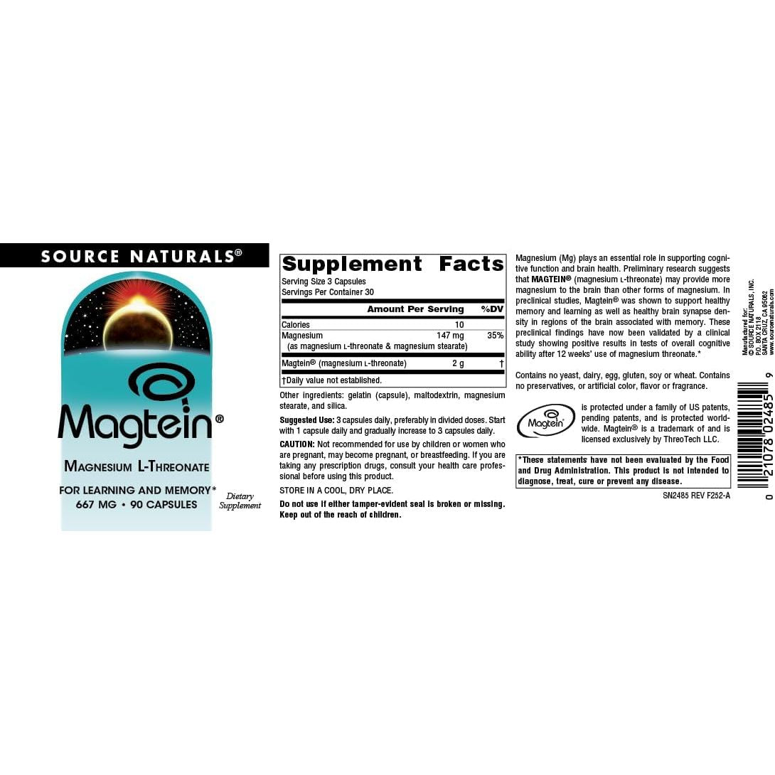 Buy now Source Naturals Magtein Magnesium L-Threonate 667mg Supports Focus, Mood, Healthy Memory, Cognitive Function, Sleep* - 90 Capsules at indiglob india