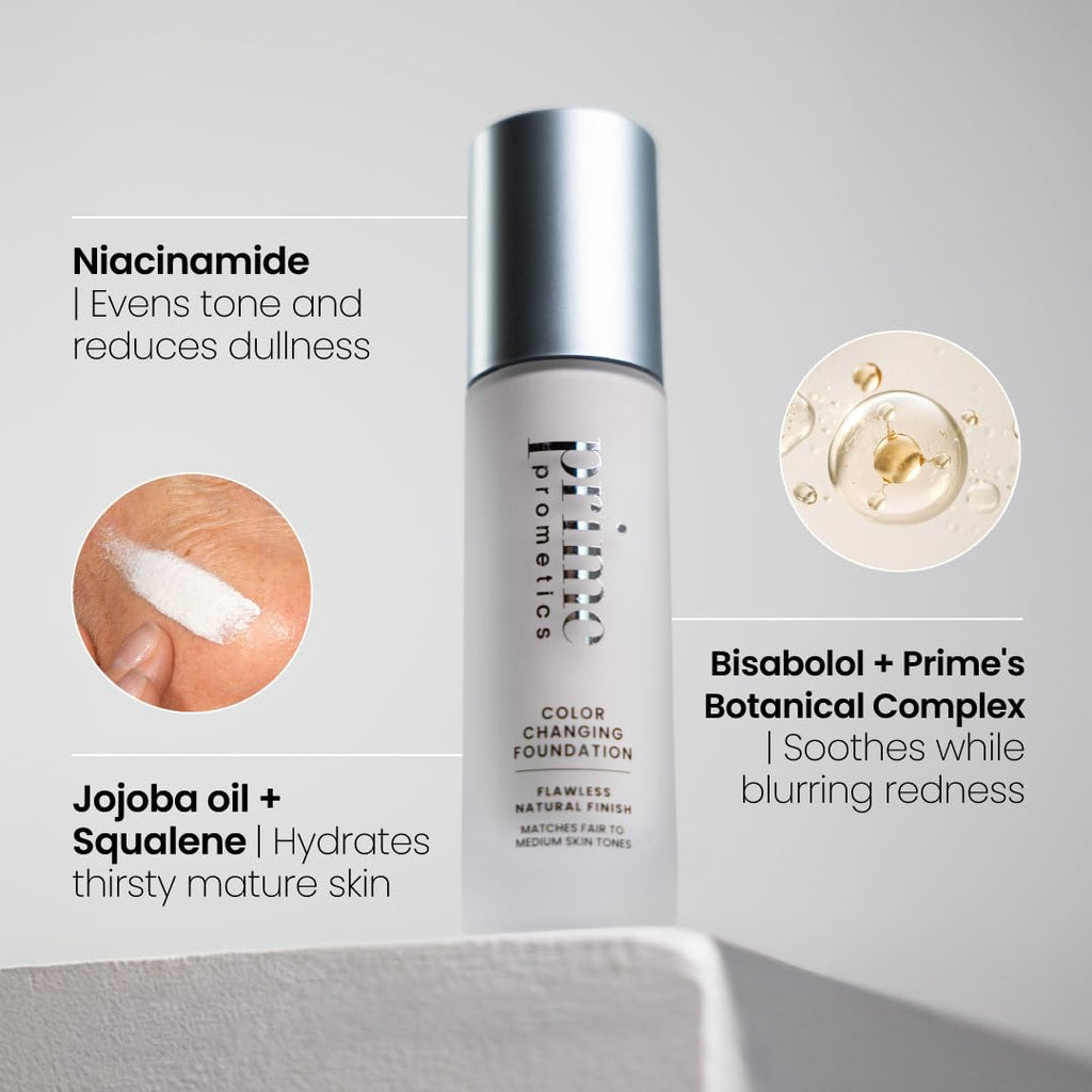 Prime Prometics Color Changing Foundation for Mature Women | Instantly Adapts to Your Skin Tone, Buildable Light-to-Medium Coverage, 12-Hour Wear, Natural Dewy Finish, Hypoallergenic