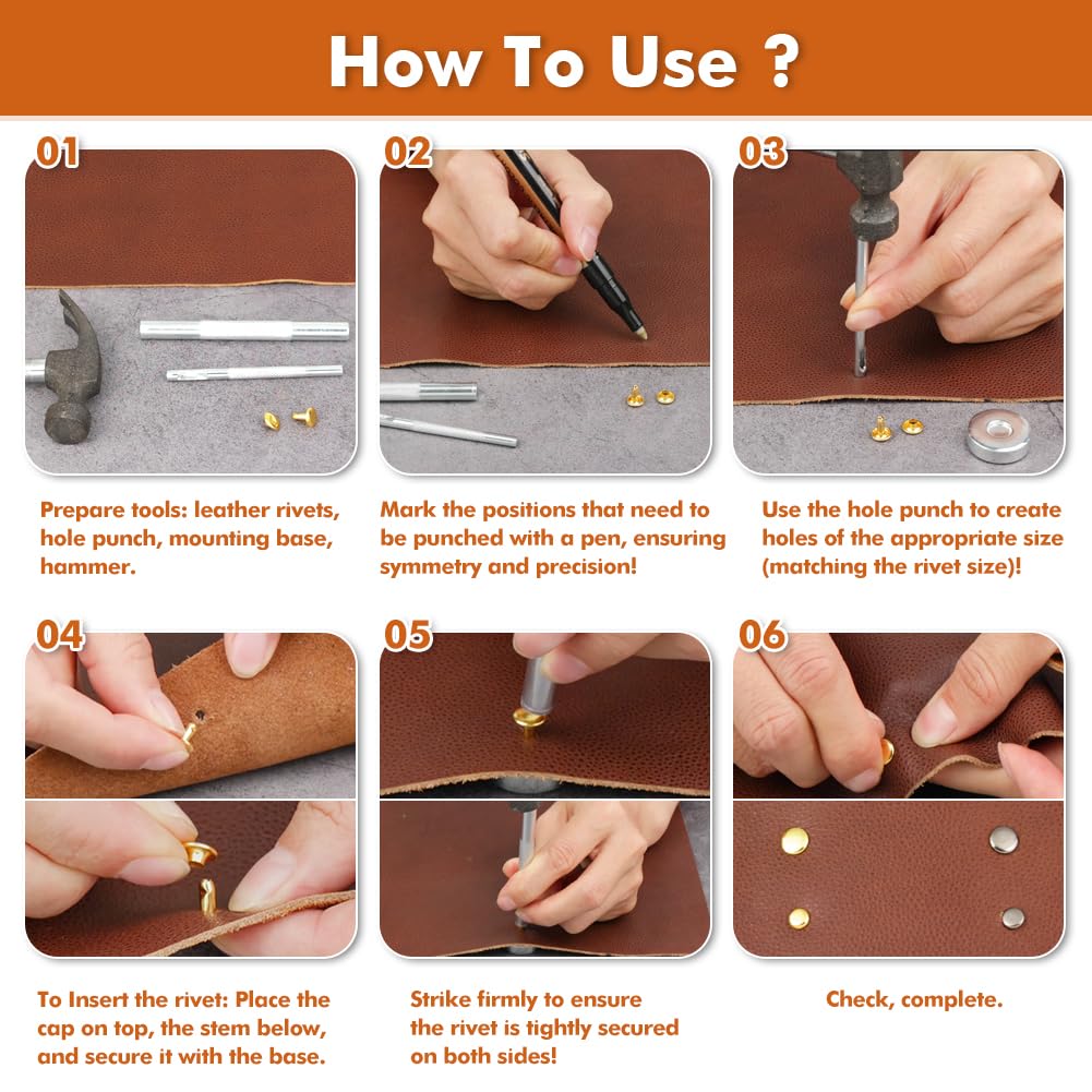 Selizo 480 Sets Small Double Cap Leather Rivets 4 Colors 3 Sizes (Cap Diameter: 6mm/8mm/8mm) Tubular Metal Studs with 3 Pieces Setting Tool Kit for Leather Craft Repairs Decoration