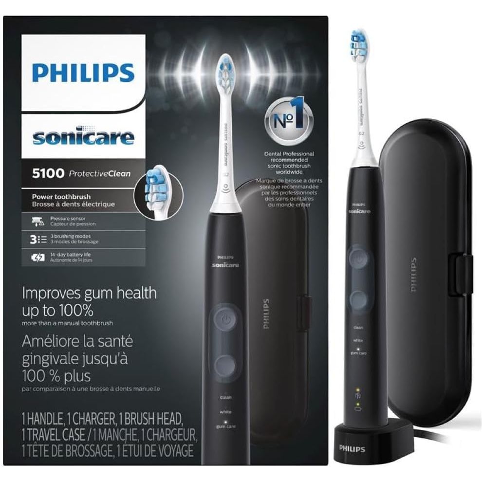 Buy now Philips Sonicare ProtectiveClean 5100 Rechargeable Electric Toothbrush, with Pressure Sensor, 3 Cleaning Modes, SmarTimer and QuadPacer, 14-Day Battery Life, Travel Case, White, Model HX6857/11 1 Count (Pack of 1) Black at indiglob india