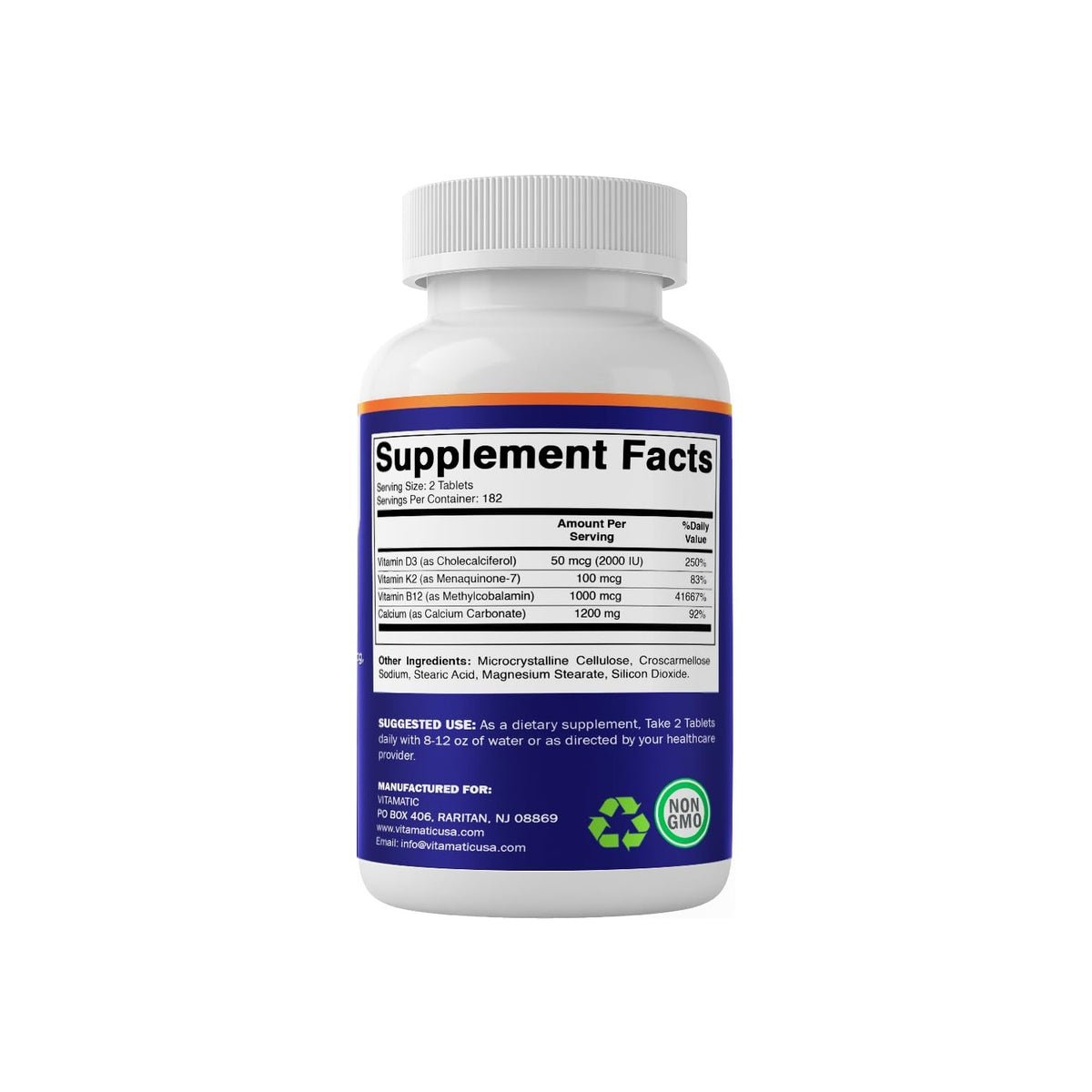 Vitamatic Calcium Supplement 1200mg with D3, K2 & B12, Immune & Bone Health Support - 365 Coated Tablets