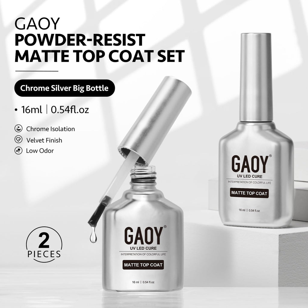 GAOY 2 Pcs Matte Gel Top Coat for Gel Nail Polish, 16ml Powder-Resist Matte Finish for Detail Chrome Isolation Powder Painting Long Lasting UV Light Cure Nail Art DIY