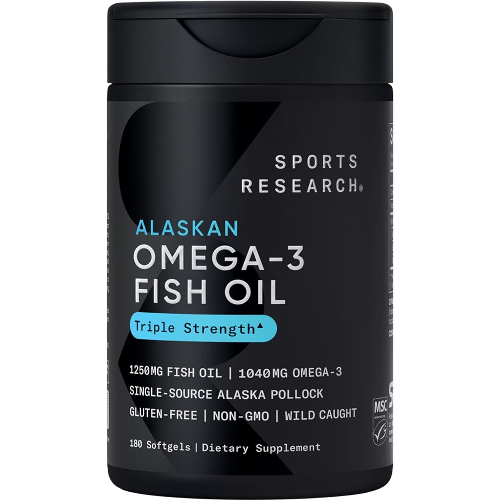 Buy now Sports Research Triple Strength Omega 3 Fish Oil - Burpless Fish Oil Supplement w/EPA & DHA Fatty Acids from Single-Source Wild Alaskan Pollock - 1250 mg, 180 ct at indiglob india
