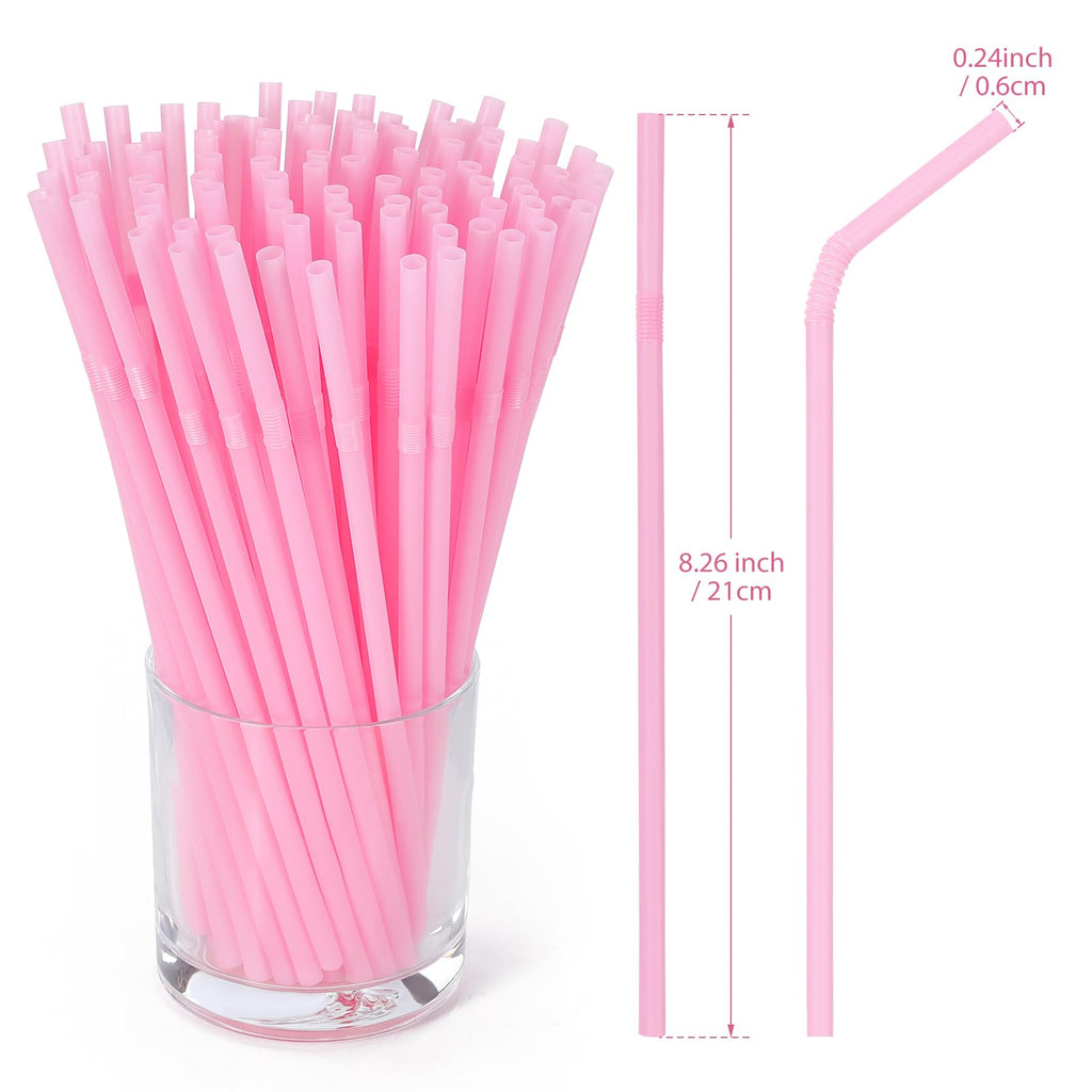 [100 Pcs] Pink Disposable Plastic Drinking Straws - 8.26" Long 0.24" Wide Cute Bendy Straws for Pink Birthday Party, Bachelorette Party, Bridal Shower, Baby Shower, Gender Reveal