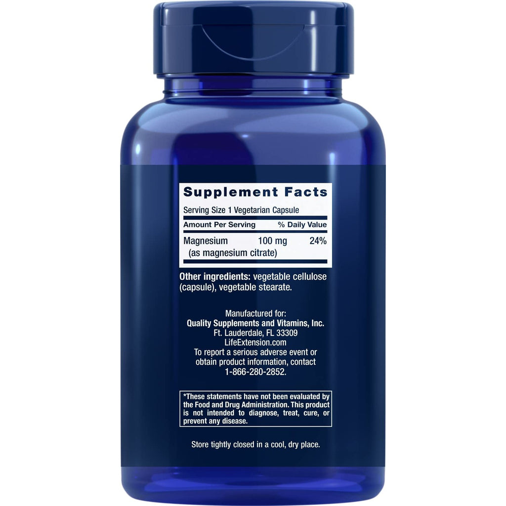 Life Extension Magnesium Citrate 100mg, 180 Vegetarian Capsules | 100 mg of Magnesium Citrate per capsule. Non-GMO, Gluten Free, Vegetarian.