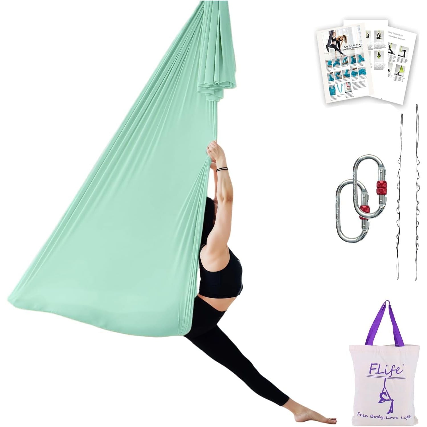 Buy now F.Life Aerial Silk Yoga Hammock & Swing for yoga Inversion,Strength training,starter hardware kit light green at indiglob india