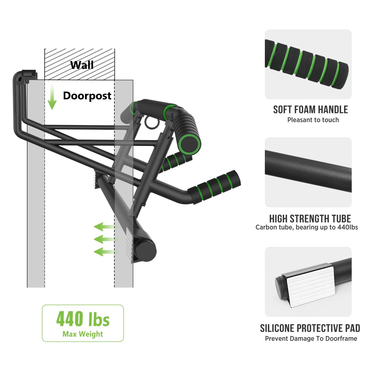 KAKICLAY New Upgrade Pull Up Bar for Doorway - Foldable Design & Space-Saving, Upto 440 Lbs Capacity, No Screwing or Slipping - USA Original Patent, Designed, Shipped, Warranty