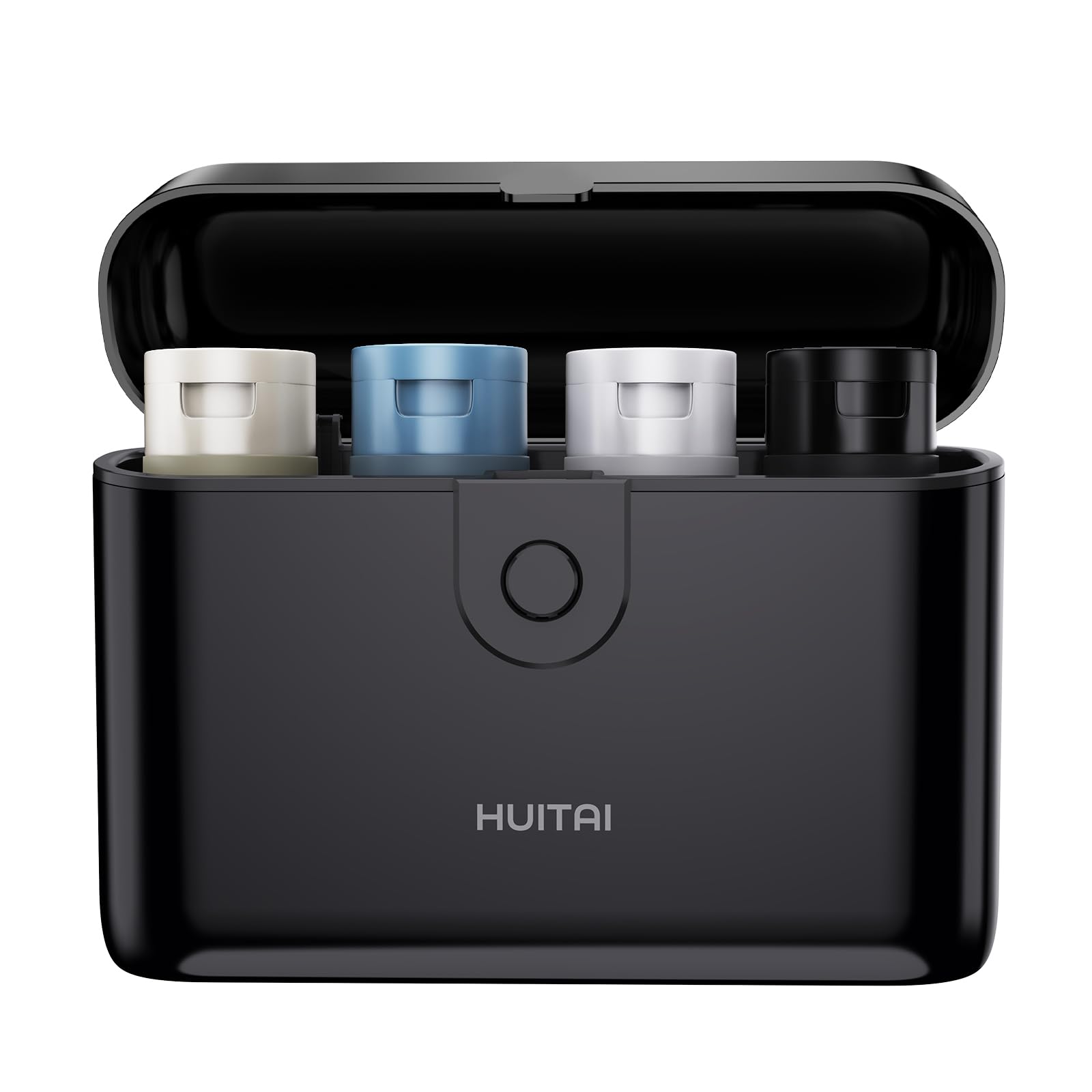 Travel Bottles TSA 4x2oz With Case Leak-Proof Black | Durable ABS hard case, press-to-unlock, 4 individual compartments, wide-mouth bottles for easy fill, leak-proof seals