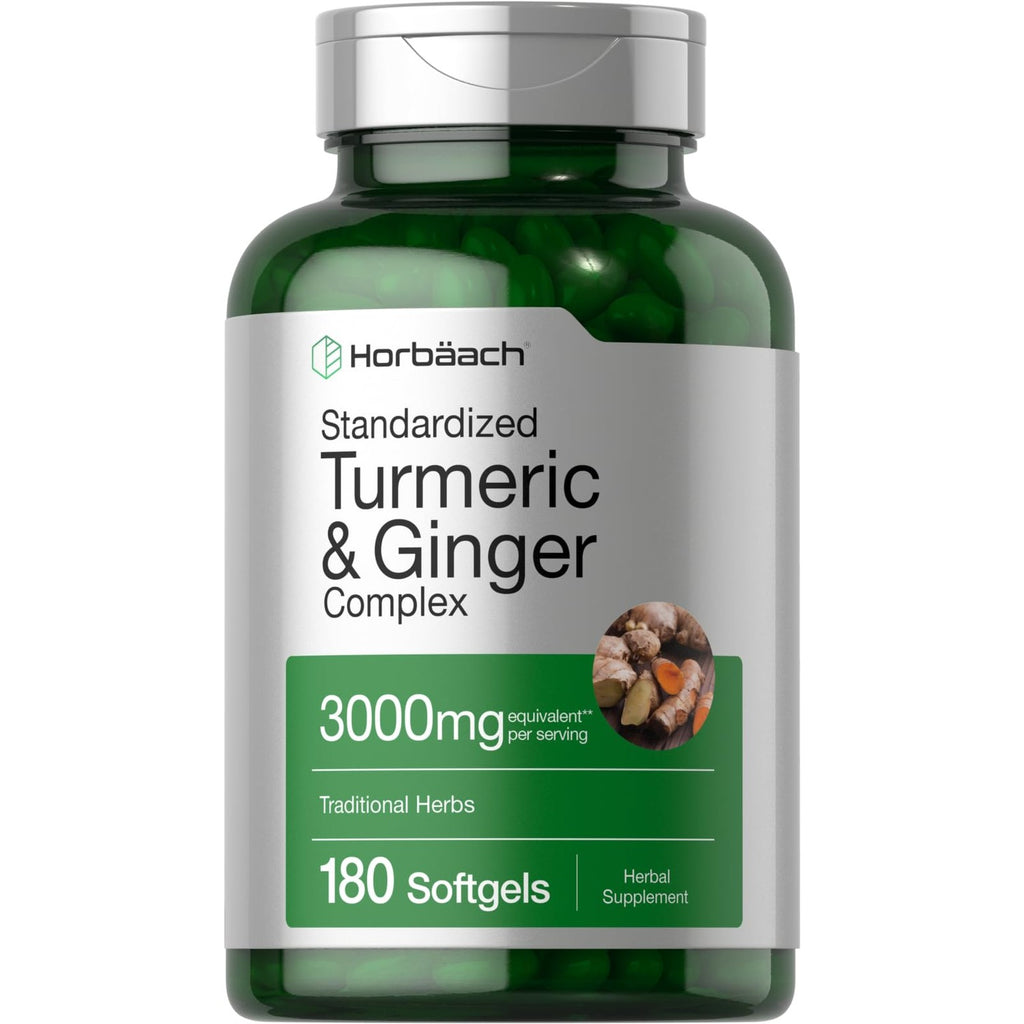 Horbäach Turmeric and Ginger Supplement | 180 Softgel Pills | with Black Pepper Extract | Non-GMO, Gluten Free Supplement