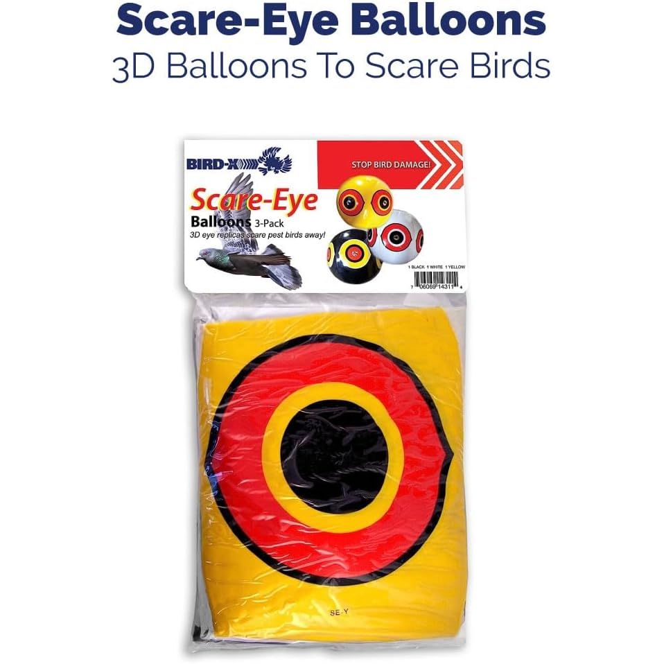 Buy now Bird-X Scare-Eye Balloons, Predator 3D Eye Balloons with Glaring, Bright Colors, Cover up to 6,000 sq. ft. Area, Pack of 3, Yellow, White, and Black at indiglob india
