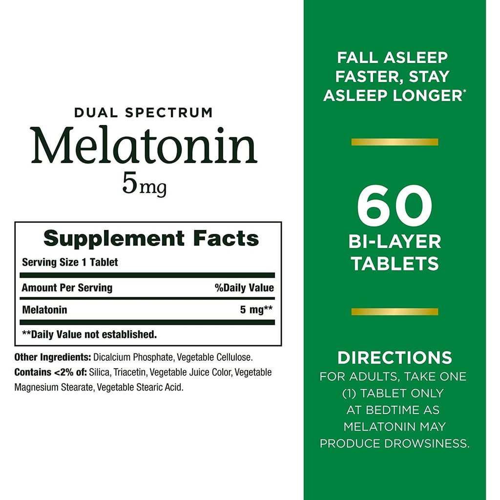 Nature's Bounty Melatonin 5mg Dual Spectrum, 100% Drug Free Sleep Supplement, Quick Release and Extended Release, Promotes Relaxation and Sleep Health, 60 Bi-Layer Tablets (Pack of 2)