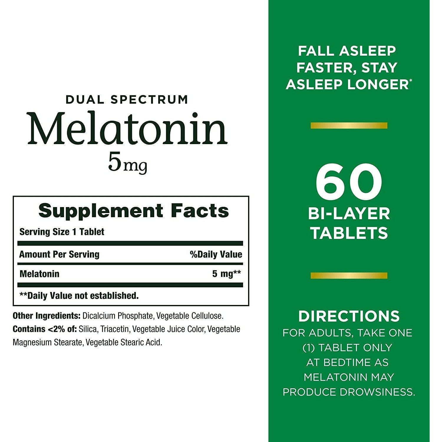 Nature's Bounty Melatonin 5mg Dual Spectrum, 100% Drug Free Sleep Supplement, Quick Release and Extended Release, Promotes Relaxation and Sleep Health, 60 Bi-Layer Tablets (Pack of 2)